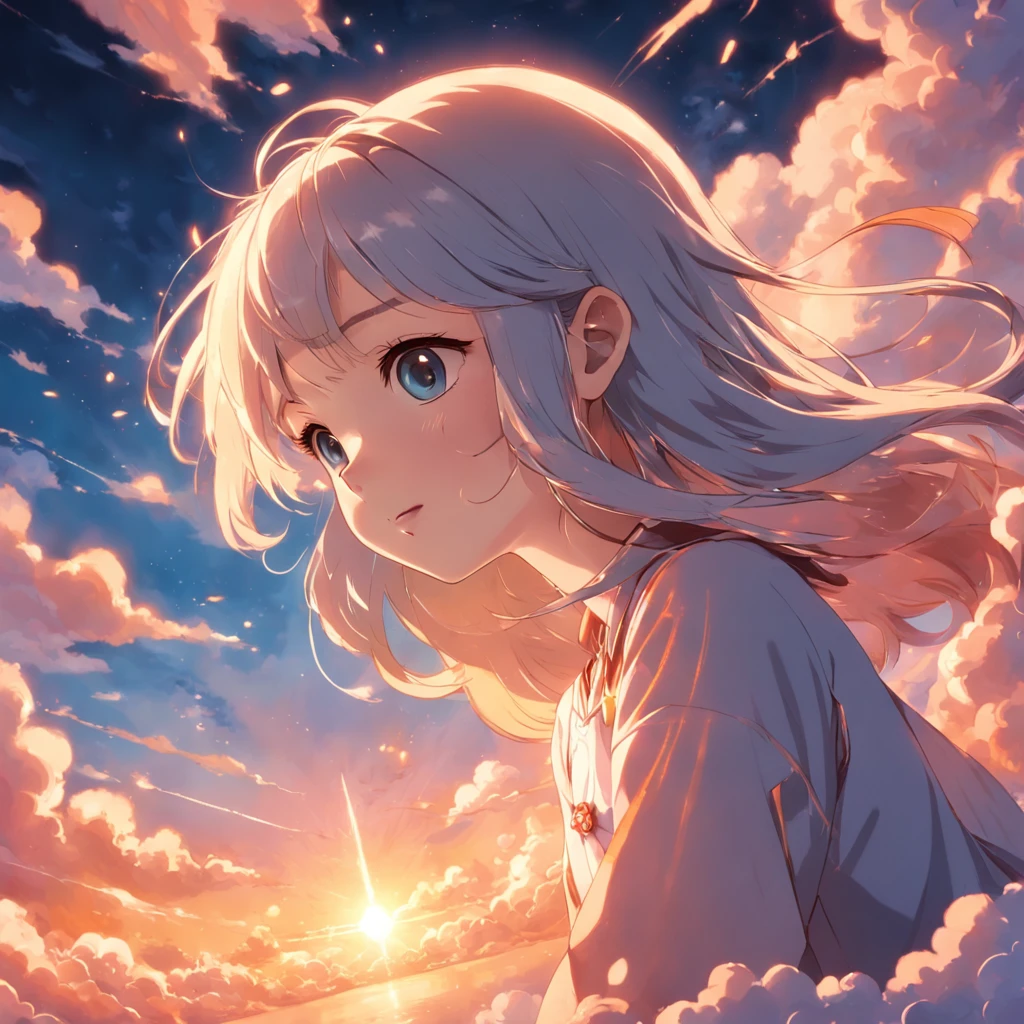 masterpiece, best quality, movie still, 1girl, cloud girl, floating in the sky, close-up, bright, happy, warm soft lighting, sunset, (sparks:0.7)