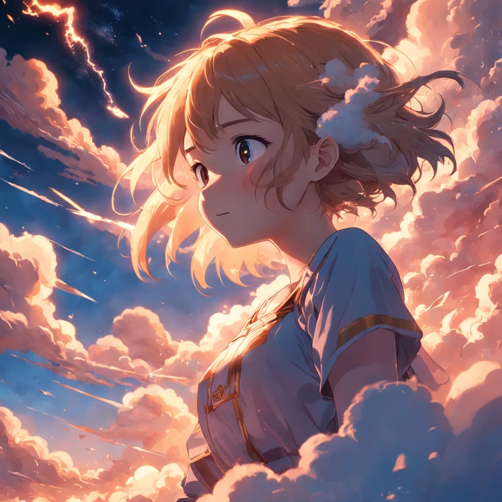 masterpiece, best quality, movie still, 1girl, cloud girl, floating in the sky, close-up, bright, happy, warm soft lighting, sunset, (sparks:0.7)