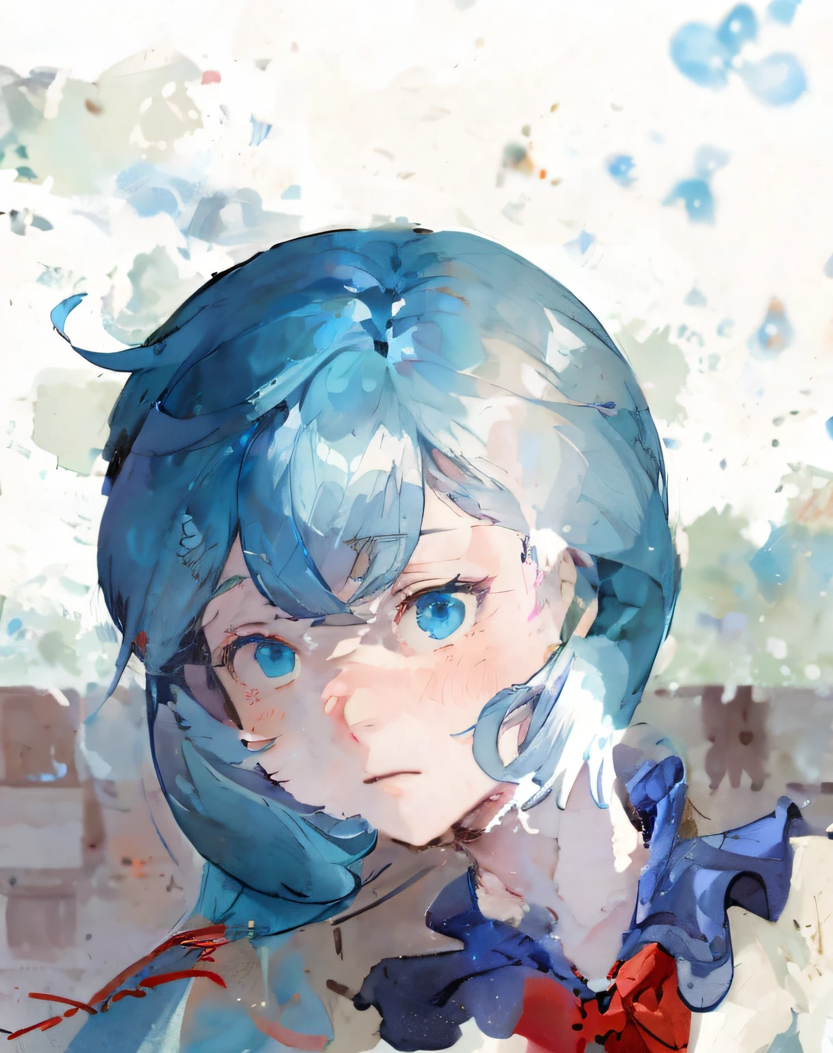 Anime girl with blue hair and red bow tie in front of the wall, made with anime painter studio, 2 d anime style, Loli, drawn in anime painter studio, sad cerulean eyes, Anime style portrait, Girl with blue hair, with blue skin, blue watery eyes, flat anime style shading, azure blue watery eyes, in an anime style