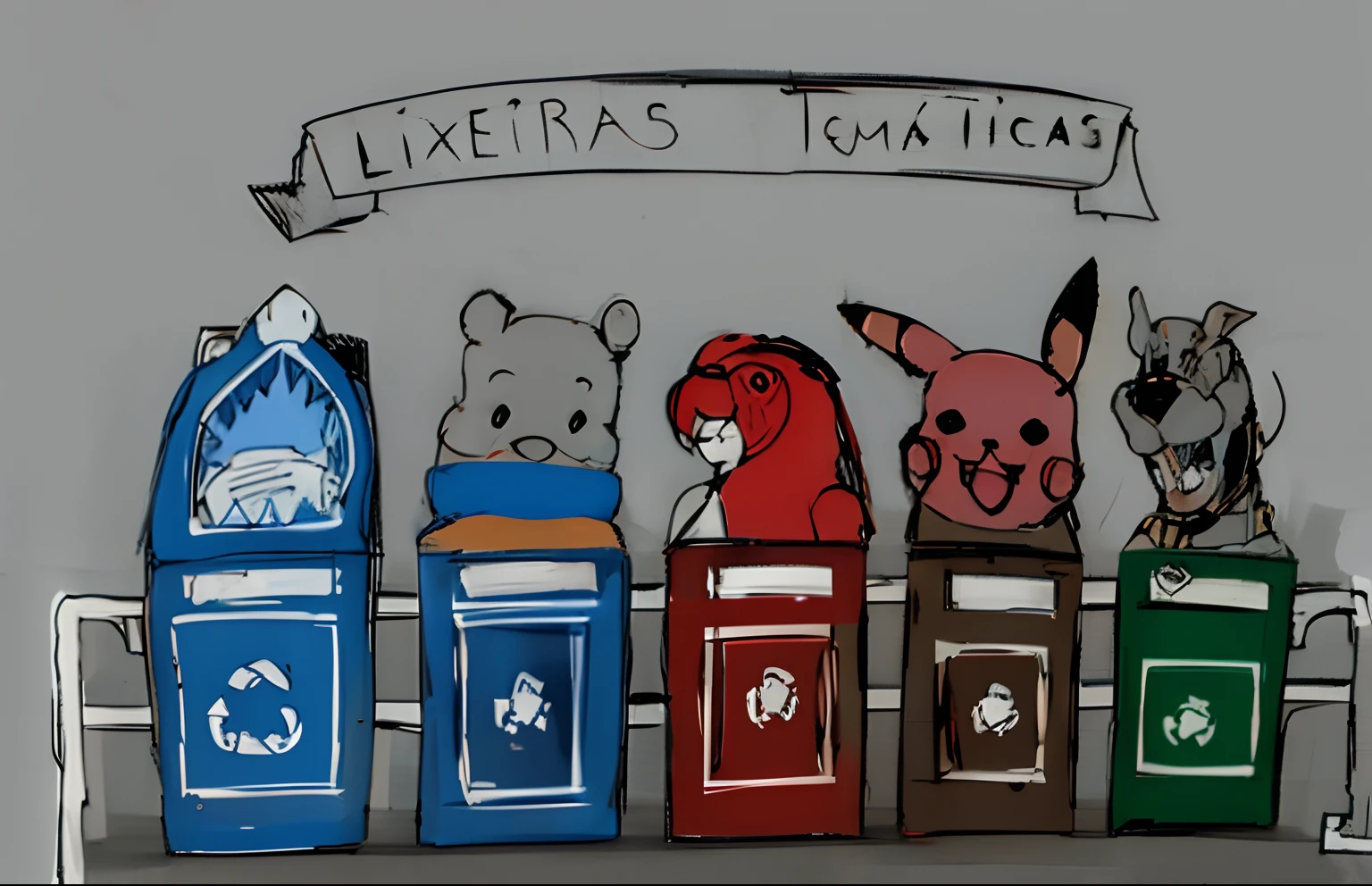 Sketches of themed trash cans with anime-style characters