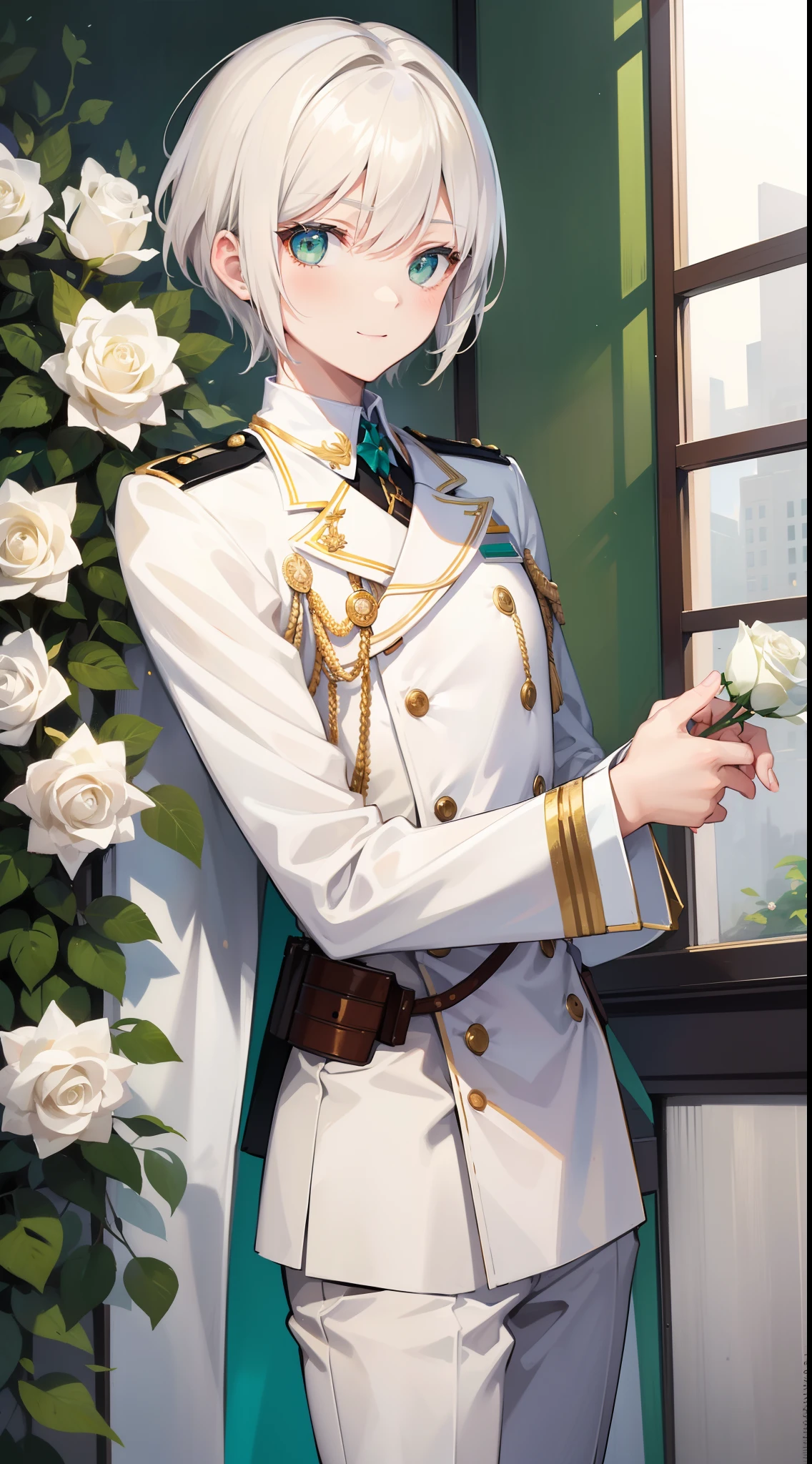 Young guy, short blonde hair with white strands, Green eyes, white officer's uniform, ssmile, White rose in hand, Crystal Rose, Masterpiece, hiquality