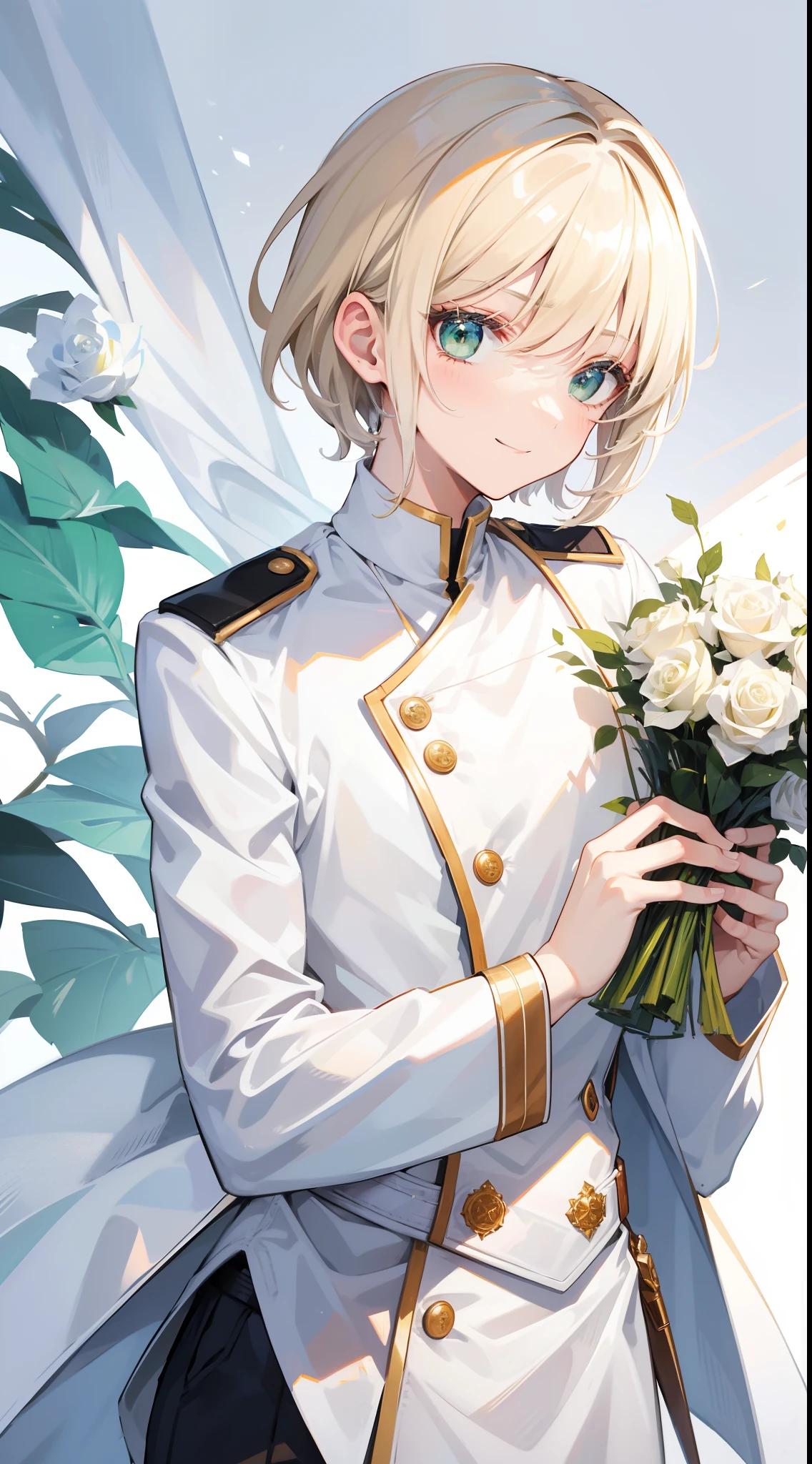 Young guy, short blonde hair with white strands, Green eyes, white officer's uniform, ssmile, White rose in hand, Crystal Rose, Masterpiece, hiquality