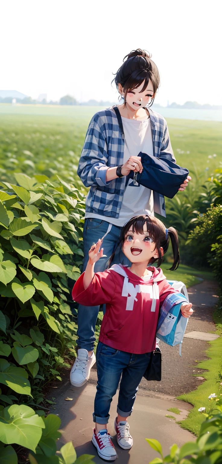 a beauti，A small child，having fun，Plaid shirt，denim pant，White sneakers