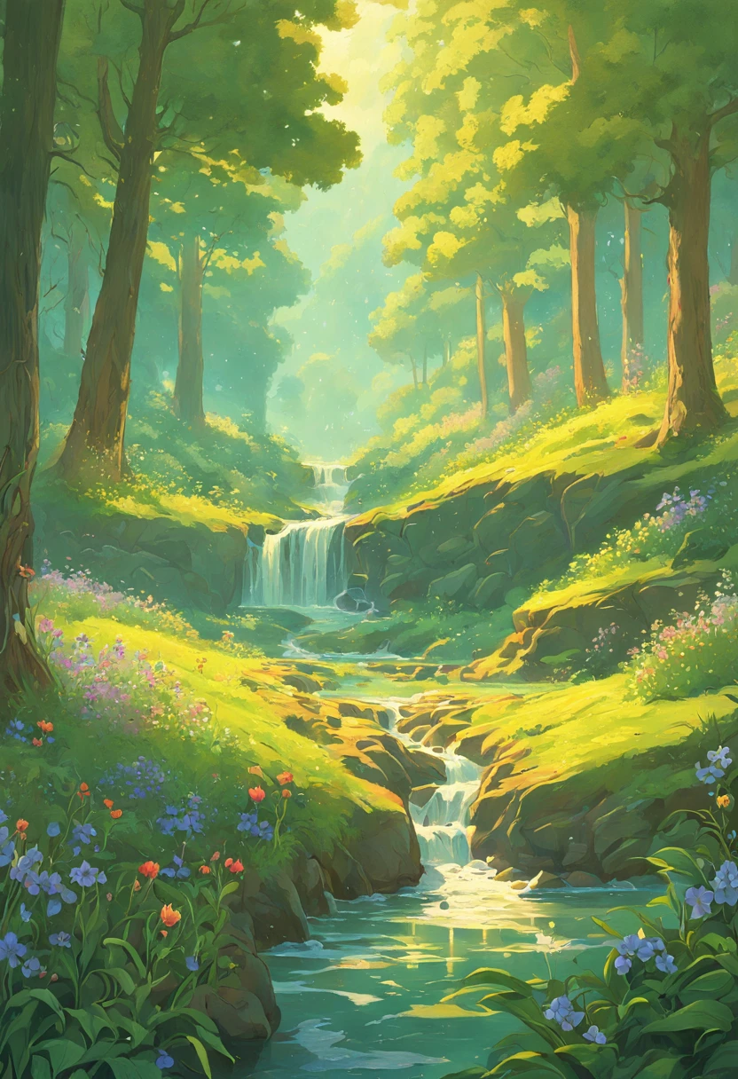 Draw a stream flowing through a lush green forest,flowers blooming, spring evening, hildebrandt, style of tim hildebrandt, blissful landscape, radiant morning light, stream of love and happiness, virgil finlaytim hildebrandt, lindo cenario, landscape artwork, beautifully lit landscape, scenery art detailed, peaceful landscape, Beautiful art UHD 4 K, spring morning