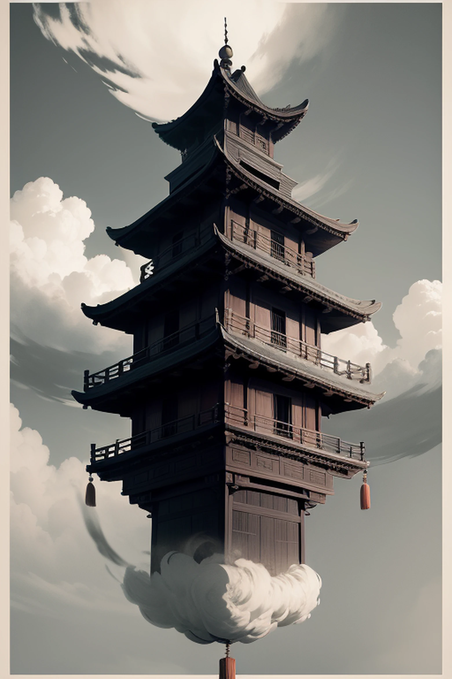 A Chinese heavy eaves roof building floating in the air,ink wash style,Fairy wind road bone,Clear focus,A B2 bomber was over it