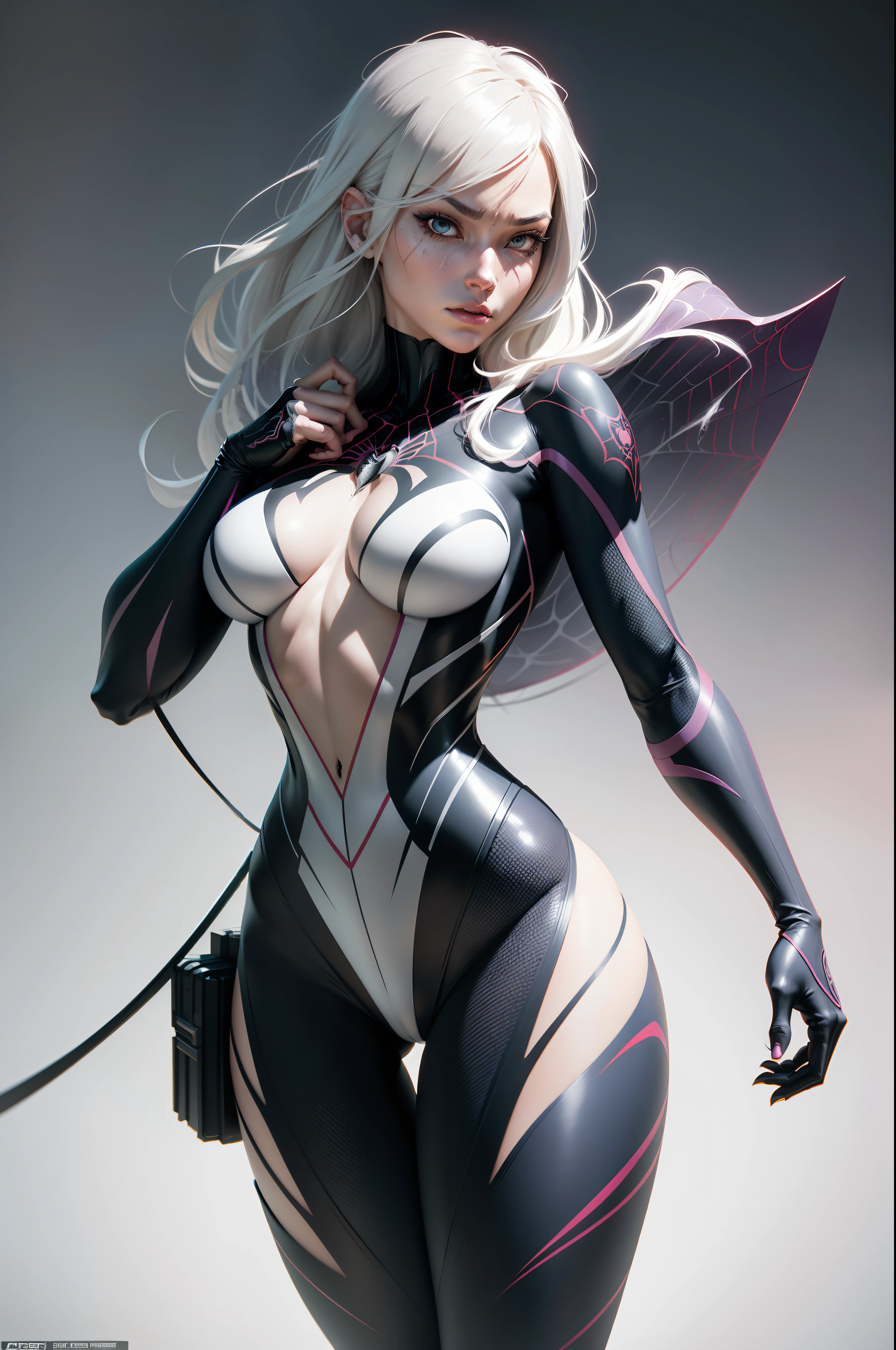 Spider Gwen, Wires of cybernetic implants, In the style of Adrian Geni Esao Andrews Jenny Saville, surrealism, The Dark Art of James Gene, Takato, Yamamoto and Bly Sienkiewicz, Trending on ArtStation, sharp-focus, studio photo, intricate details, Highly detailed, by Greg Rutkowsky, Intricate facial details, TM Ninja, TM "Samurai", Poster style, Icons, bright colours, vector style, Digital Art, 4k, intricate details, Mesmerizing, Professionally made, Beautiful vector illustration, 12K resolution, ..3d, All characters in a detailed full body, Highly detailed, Vibrants, Ultra High Quality, hyper realisitc, photo realism, Octane Render]