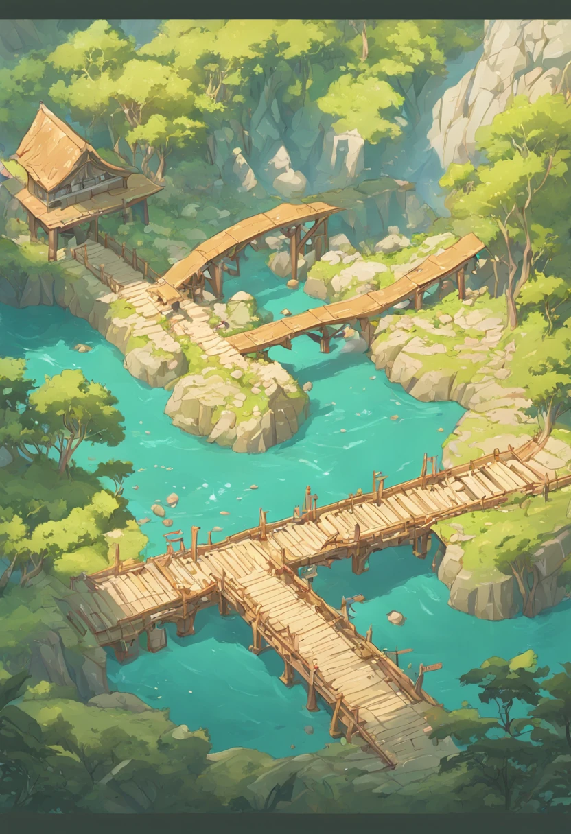 Maze,dungeon, A river flows in the middle of the circle, Three wooden bridges over the river, crystals, Ruins, Game map design,, Cartographic map, Top-down map, 2D, cartographic, Game Map, Map layout