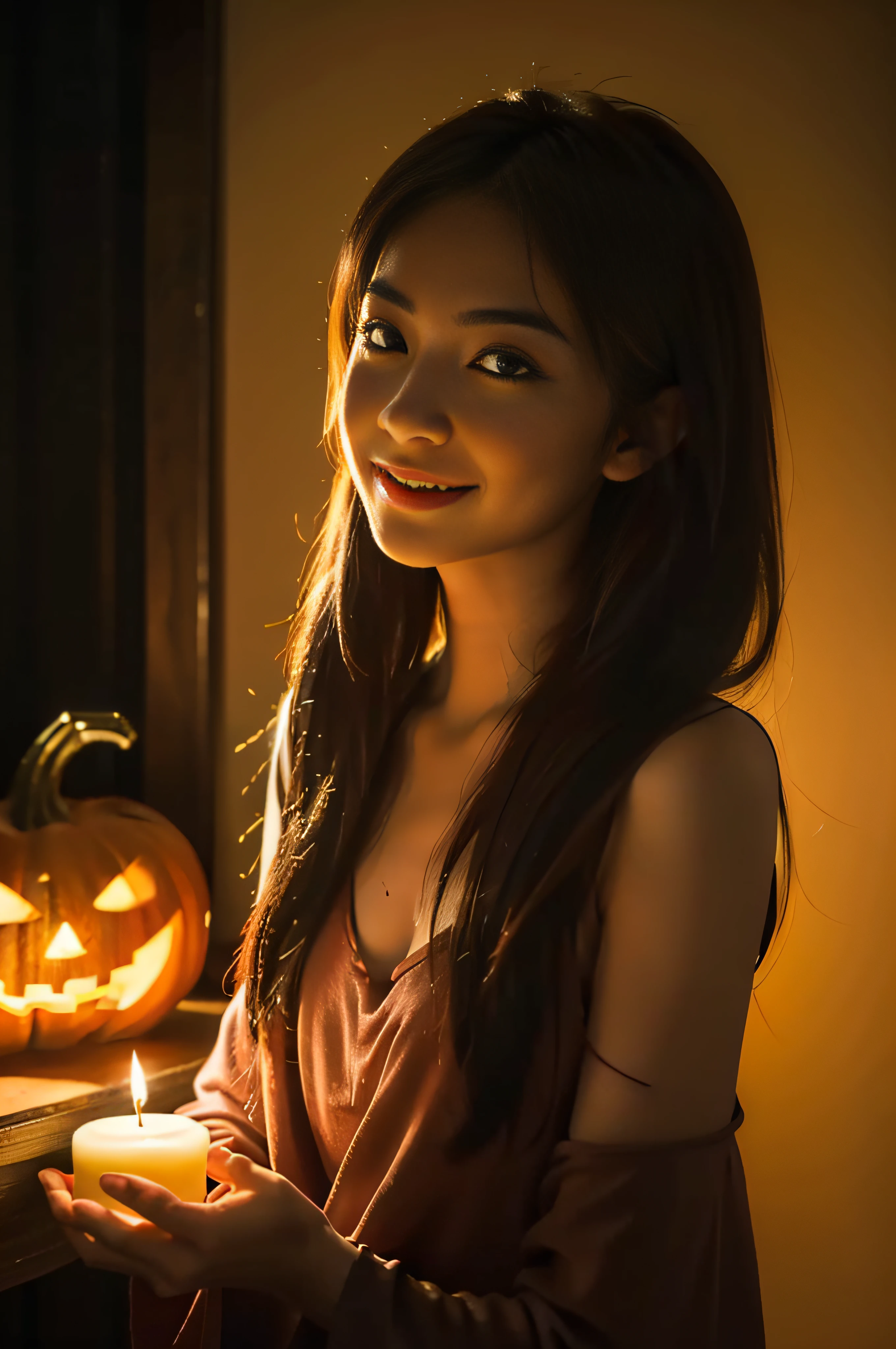 Beautiful young girl in Halloween costume、long-one-piece dress, during daytime、Halloween Pumpkin, Halloween Candles, Detailed face, Beautiful eyebrows, Smile,photos realistic, 8k movies