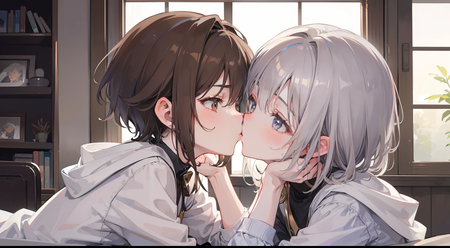 Two Boys, Silver-haired boy and brown-haired boy, Boy's room、Silver-haired boy is kissing brown-haired boy on cheek、Kiss on the cheek、Brown-haired boy being kissed、Boys Love、hight resolution、ultra-detailliert