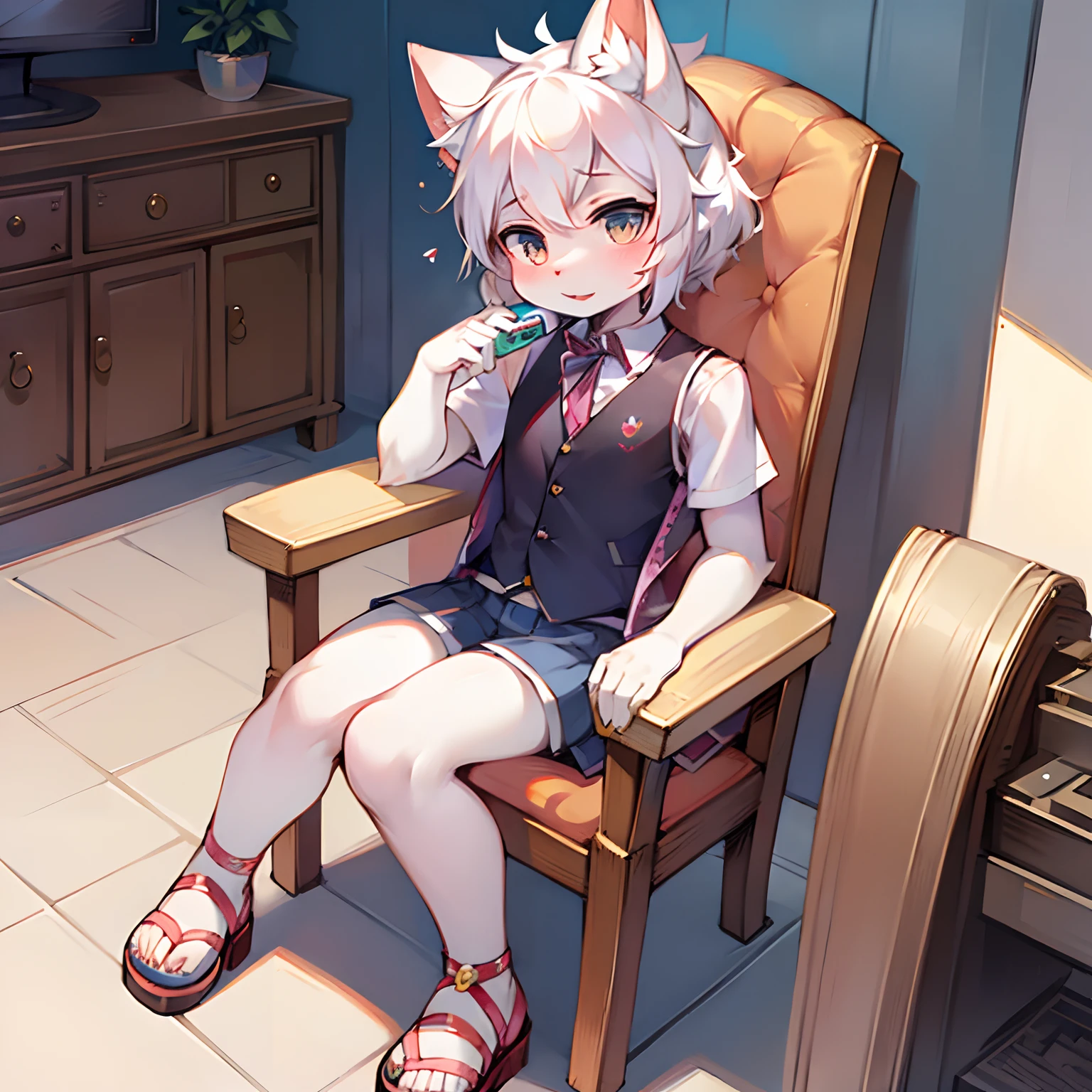 White fur loli cat ear face sandals sitting on chair playing game vest