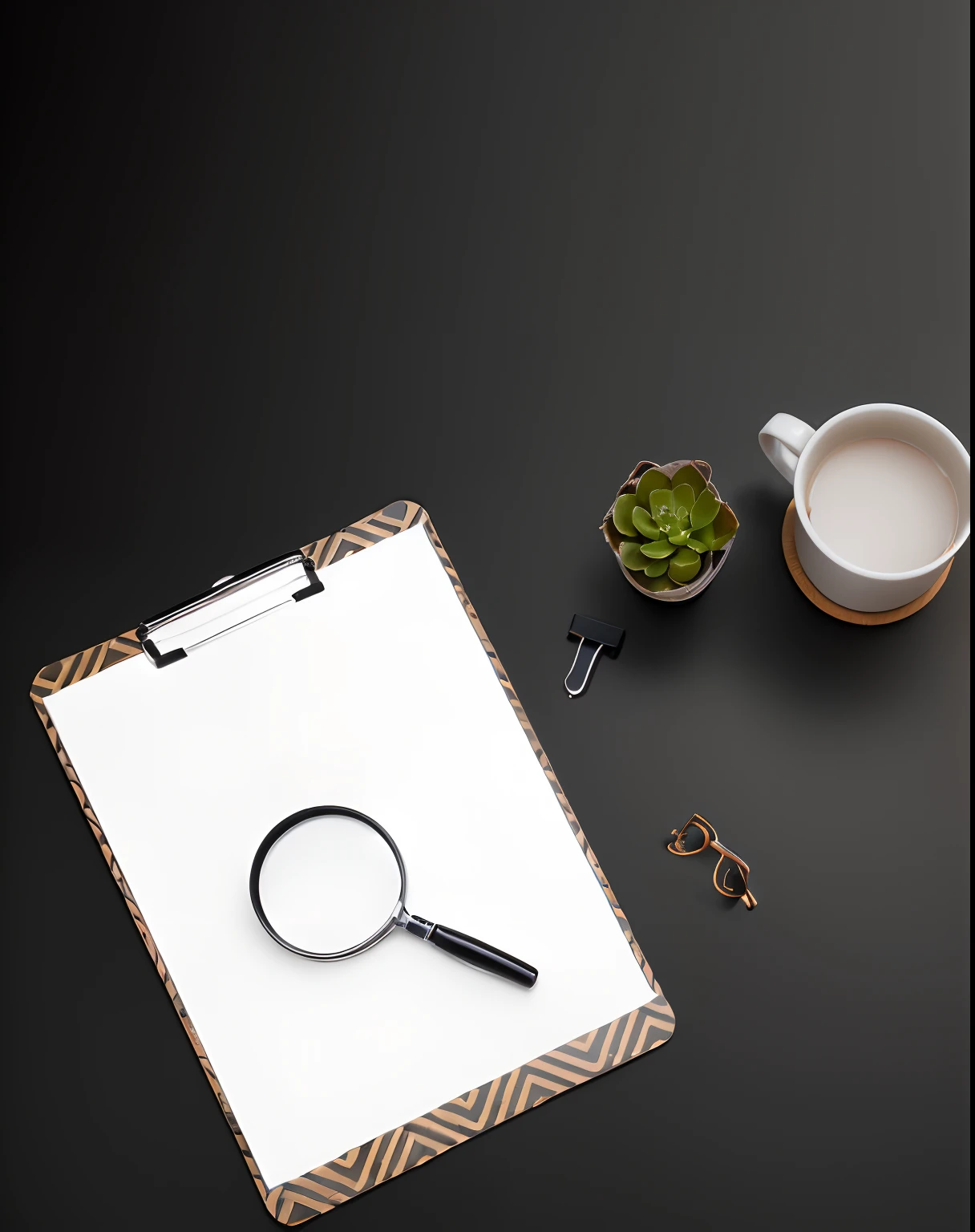 There's a clipboard with a magnifying glass and a cup of coffee, fundo minimalista, office background, the background is black, Ativo no fundo cinza, plano minimalista, background is white and blank, foto de alta qualidade, fundo fino proporcional, em um fundo preto de cor plana, no fundo preto, foto de cima para baixo, em um fundo preto