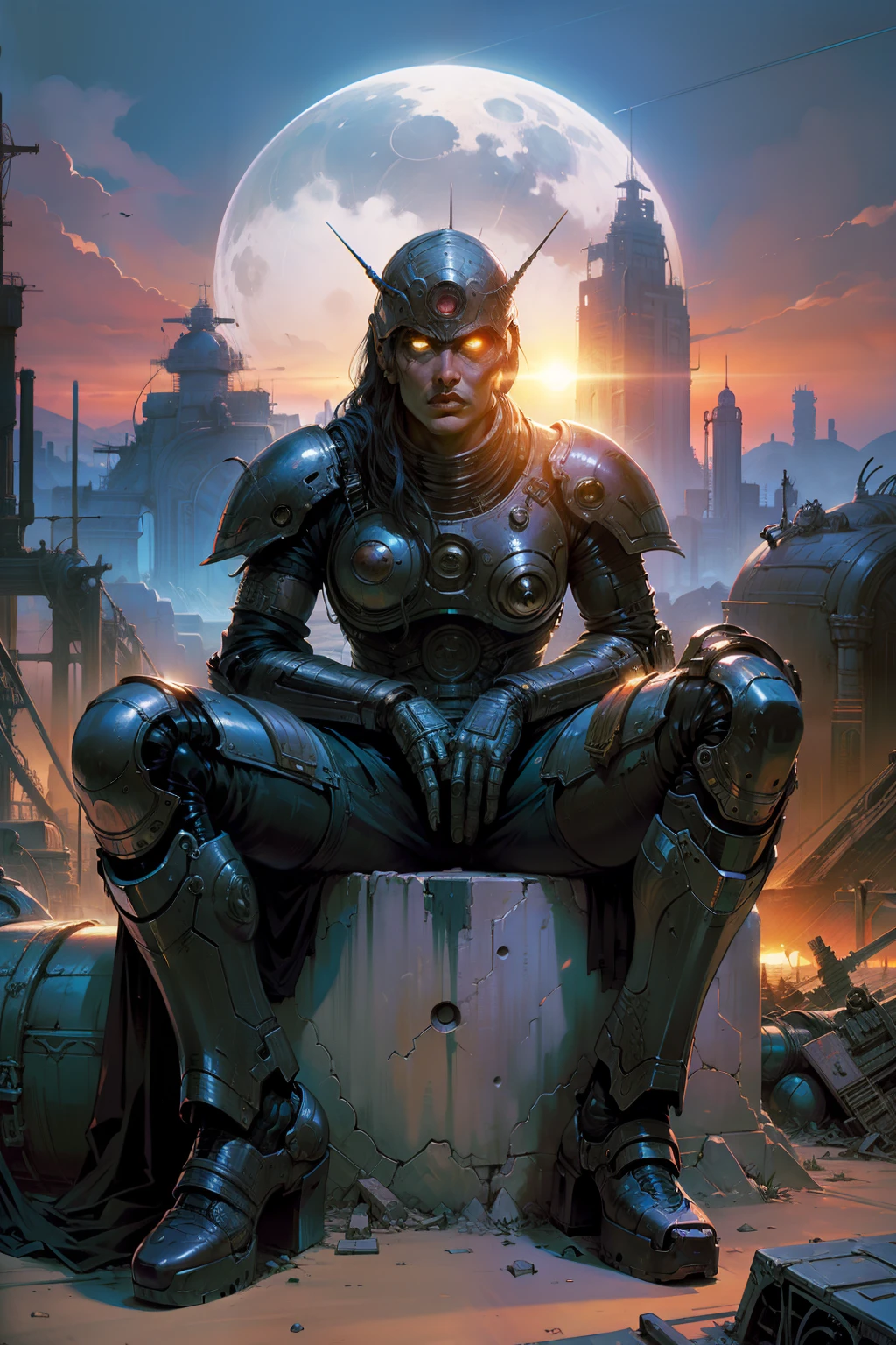 A robot sitting watching the sun set over a dead city, its body is made with parts from old machines,methurlant
intricate
surreal
gritty
atmospheric
cinematic
stylized
contrast
comic
eerie
cybernetic
futuristic by moebius, masterpiece, best quality, intricate, highly detailed:1.1, drawing, Jean Giraud