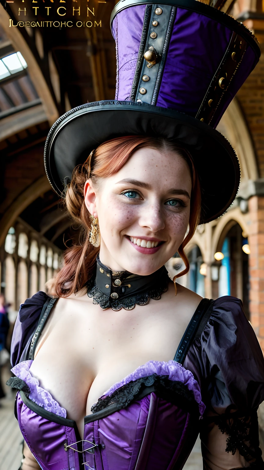 (one-1-person:1.2), award winning shot of an extremely beautiful steampunk lady, malicious, freckles, read hair, intricate steampunk top hat, victorian age dress, ((purple corset)), steampunk googles, big smile, dark makeup, hyperdetailed photography, dramatic light, victorian age railways station, cover