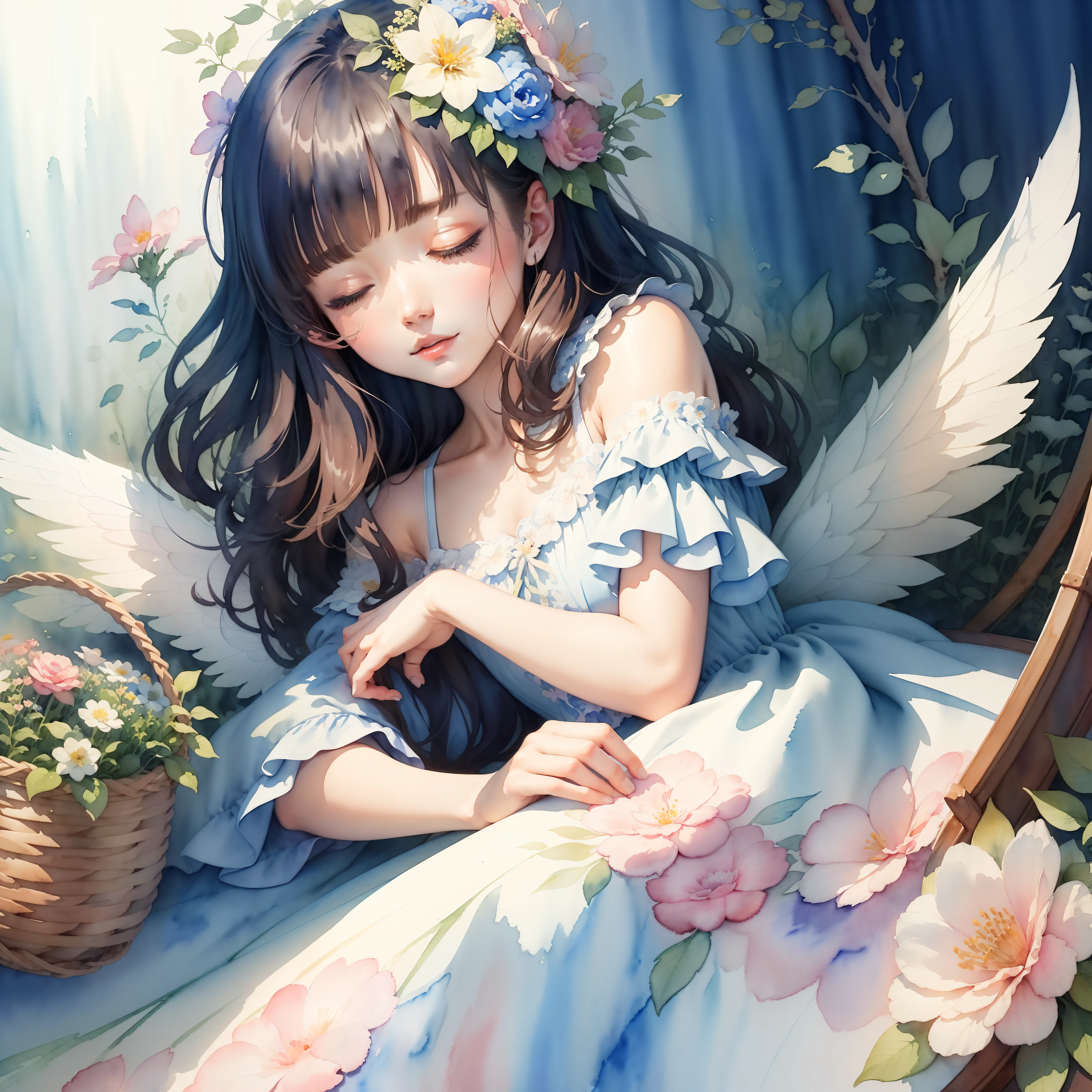 (exquisite, beautiful, very detailed, masterpiece, high quality,High resolution),(Soft thin lines:1.2, beautiful, Delicate and cute face), (Butterfly-like fairy wings growing from her back),from a little far away,body whole,night,Fairy princess lying on stuffed toy, Luxury bed in a luxurious room.,downward,lots of flowers,Hanabubuki,indoor,(diamond tiara, earrings, necklace), ((Gorgeous pastel ball gown dress:1.1, Balloon sleeves,gem, ribbon, lace and ruffles, 背中からbeautiful妖精の羽)), (light pink blush, plump pink lips,big bust,Fair skin, good style),