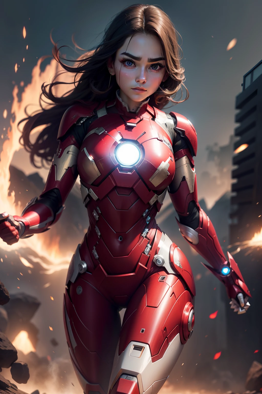 Female Iron Man,Battle damage,There is no clothing on the right arm,Broken clothes on the chest,With stains of blood,The left leg is torn and the clothes are damaged