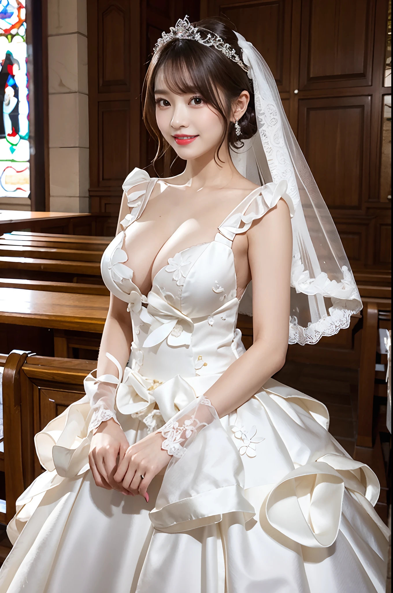 Arafa woman in wedding dress posing in church, beautiful Korean women, Japan person model,(((beautiful countenance))),(((big eye))),(((Beautiful eyes))),(((long lashes))),((Beautiful teeth alignment)),wearing organza gown, sexy gown, clear curvy details, Photorealistic perfect body, smooth translucent white skin, Gorgeous young Korean woman, gorgeous chinese model, light milky white porcelain skin, wedding dress, Full dress, 奈良美智