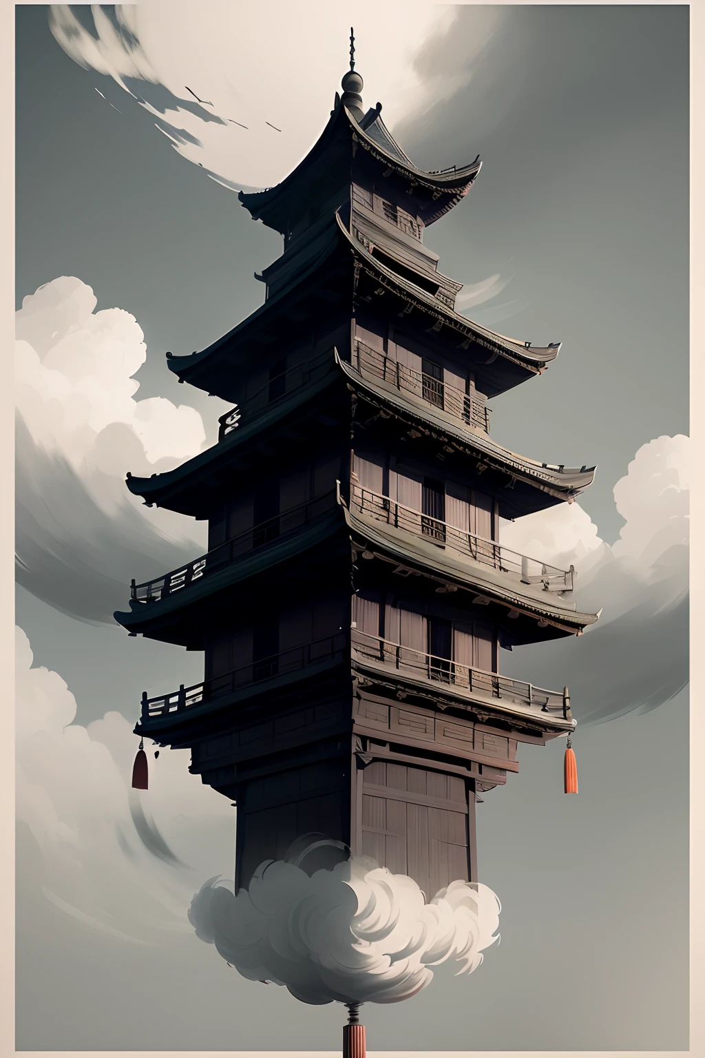 There is a tall tower,The background is sky and clouds, digital painting of a pagoda, ancien chinese tower, low details. Digital painting, pagoda, Japanese inspired poster, Illustration matte painting, Guviz-style artwork, wlop and ross thran, flying cloud castle, 3 d render stylized, inspired by Tōshi Yoshida