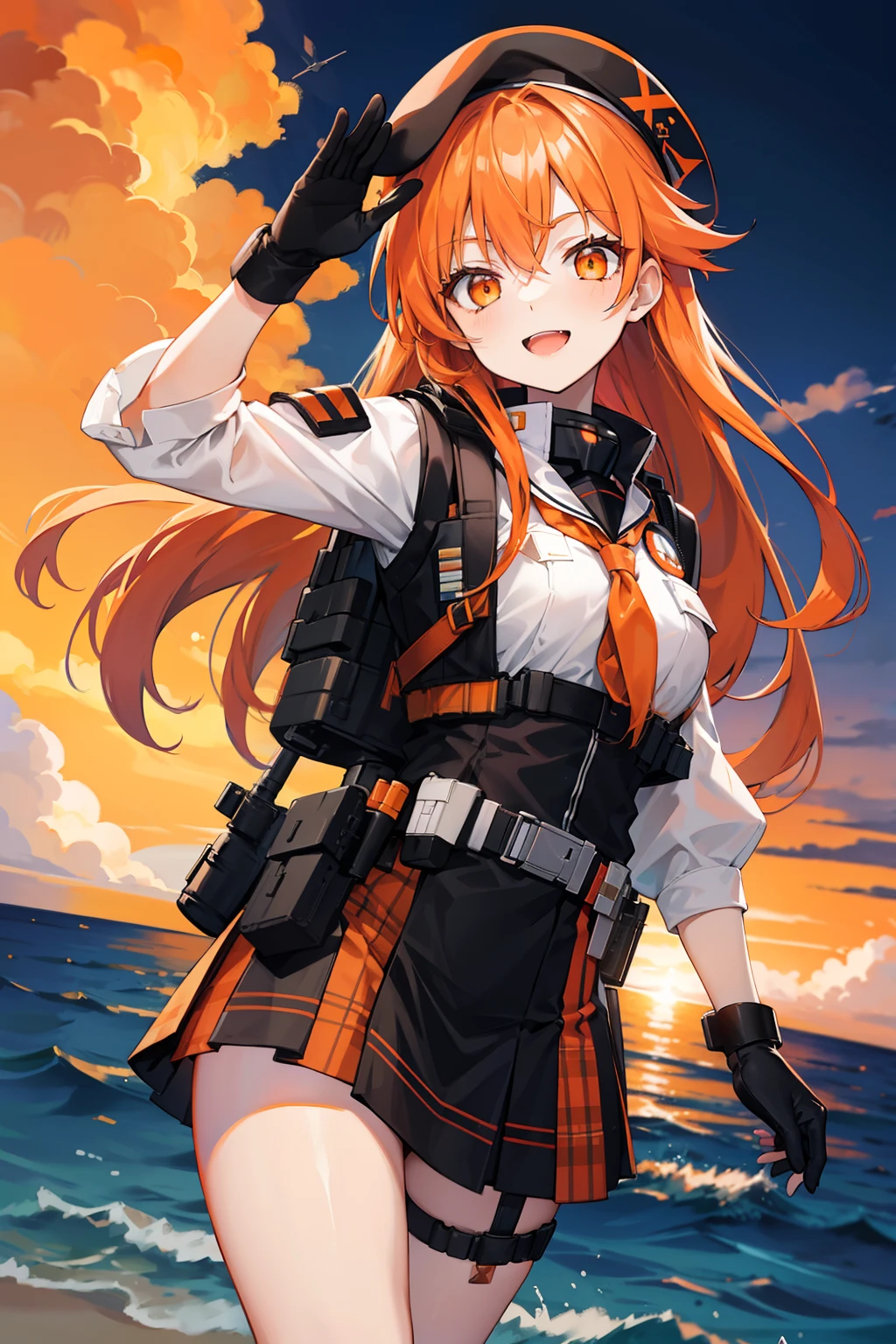 (asymmetry) long Orange hair, cheerful expression, orange eyes, white beret, white blouse, black plaid skirt, tactical vest, tactical gear on one thigh, standing on a battleship in the ocean with an orange sky