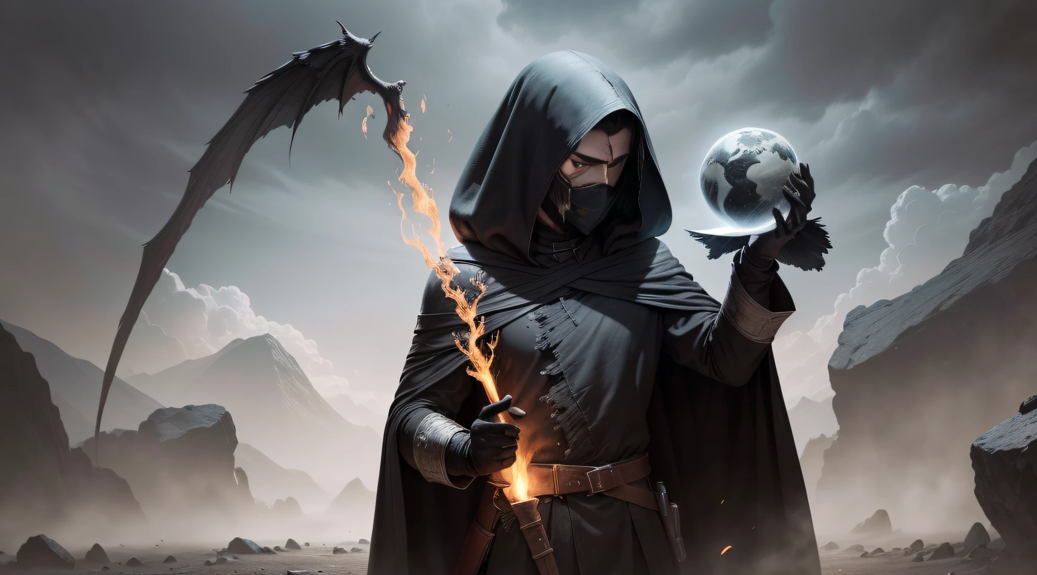 A morte masculina, roupas antigas trapos rasgados e velhos, old clothes and old textures male blood parchment standing on a black and rather dark ground, very black with its detached silhouette and burning earth in hand, Catching fire in Maam and the earth;