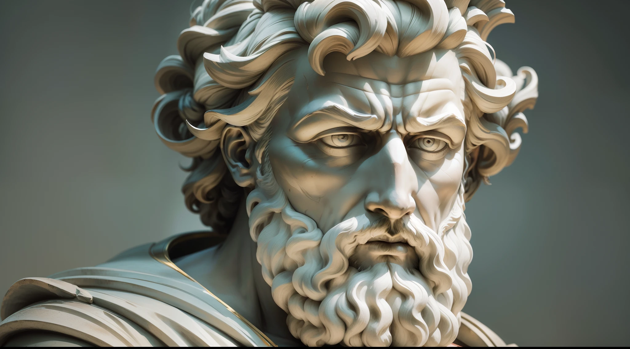 a close up of a statue of a man with a beard, stoic face, stoicism, cinematic bust portrait, godlike and stoic, artstyle of michelangelo, stoic and calm, stoic attitude, portrait zeus, stoic facial expression, stoic, classic sculpture, greco roman statue, classical sculpture, ancient greek statue, the eyes must also be a sculture
