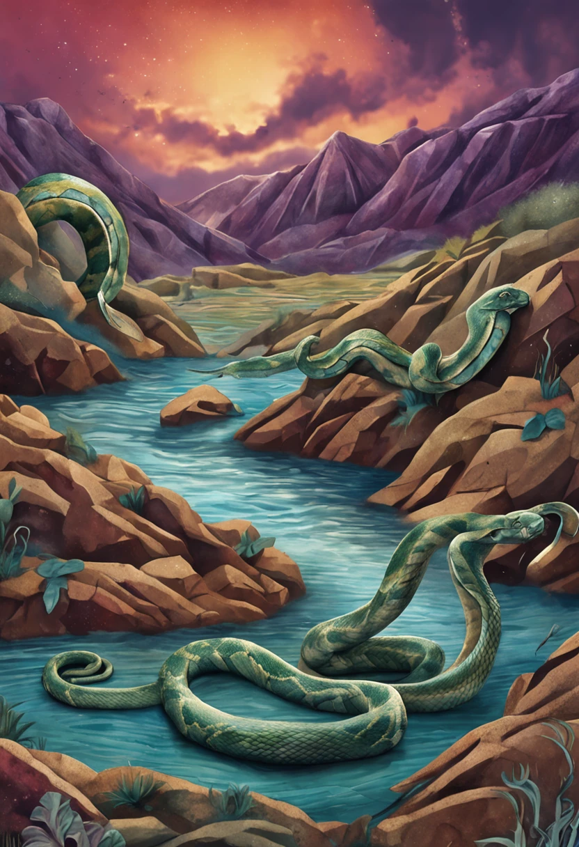 Snake sucurí in the river,  pintura, aquarela, desenho disforme, surrealista