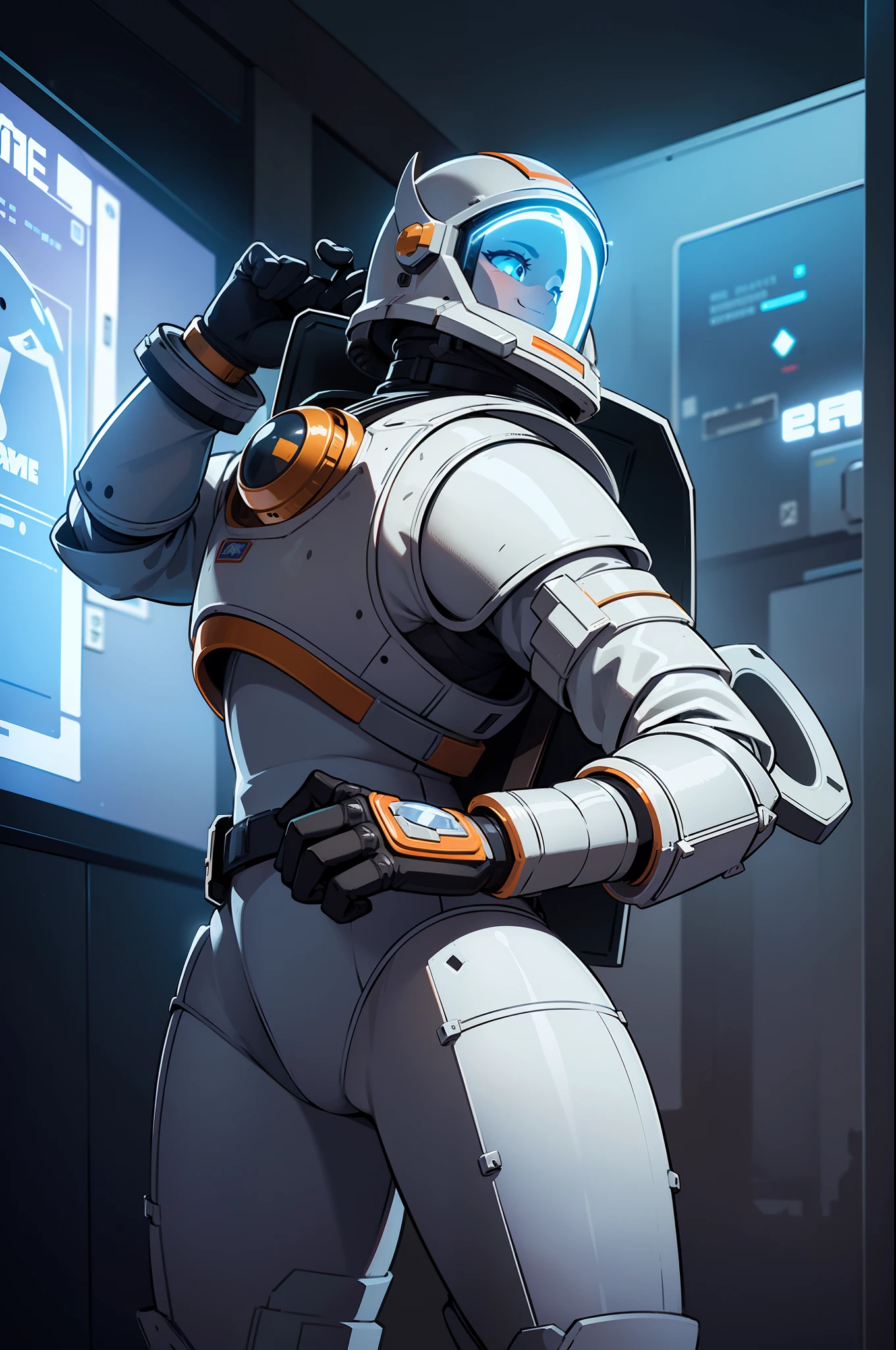 professional artwork, detailed eyes, beautiful eyes, beautiful face, flawless face, smooth features, short hair, beautifully detailed background, adventurous astronaut knight in bulky armored space suit, space suit looks like knight armor, space suit, thick heavy space suit, environment suit, hoses and tubes on suit, dials and switches, space suit backpack, nasa, nasa punk, nasapunk, astronaut, astronaut suit, cosmonaut, medieval knight, knight armor, leather armor and metal armor, mechanical background, sci fi, science fiction, futuristic, fantasy armor, full plate armor, medieval armor, knight helmet, knight visor, grilled faceplate, large helmet, big helmet, heavy collar, vacuum seal ring around neck, life support systems, rustic material, heavy stitching, thick leathers, armored breastplate, armored chest, leather gloves, rustic craftsmanship, adventurous, adventure, cute, smiling, shoulder pads, armor, white and orange outfit, heraldry, helmet on head, cassette futurism, gloved hands, bulky space suit, bulky suit, tubes and hoses, valves, mechanical, sword and shield, neon light, neon glow, neon, cuirass, pauldrons, chest armor, heavy metal chest armor, beam sword, plasma sword, light saber, knight, dome helmet, neck armor, sealed neck join, helmet is attached to collar around neck, astronaut helmet, bulky, chubby, thick clothing, padding
