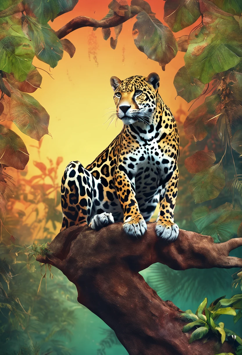 Jaguar on top of a tree, pintura, aquarela, desenho disforme, surrealista, imagem horizontal, 4k