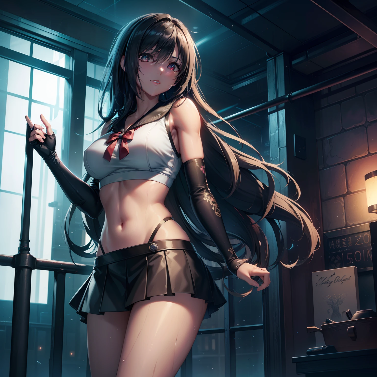 Photorealistic,Realistic illustration in comic style,((Masterpiece)),((Best quality)),((Ultra detailed)),((Perfect anatomy)),((Perfect hands)),Cute_face,Special Beauty Outer Flotti Lockhart Final Fantasy 7 Remake,((only)),Role play in beautiful schoolgirl uniform,Sailor miniskirt,Black socks,Light red_Eyes,Wavy hair,eyes liner,Cute makeup,Look at it with loving eyes,((Perfect Detailed Eyes)),In a cyberpunk city with flashing neon lights,rainy outside,Night,((extremely CG unity 8k wallpaper)),Intricate detailing,Very beautiful and aesthetically pleasing,Octane rendering,Full body portrait,Wet skin,((Perfect and meticulous body)),