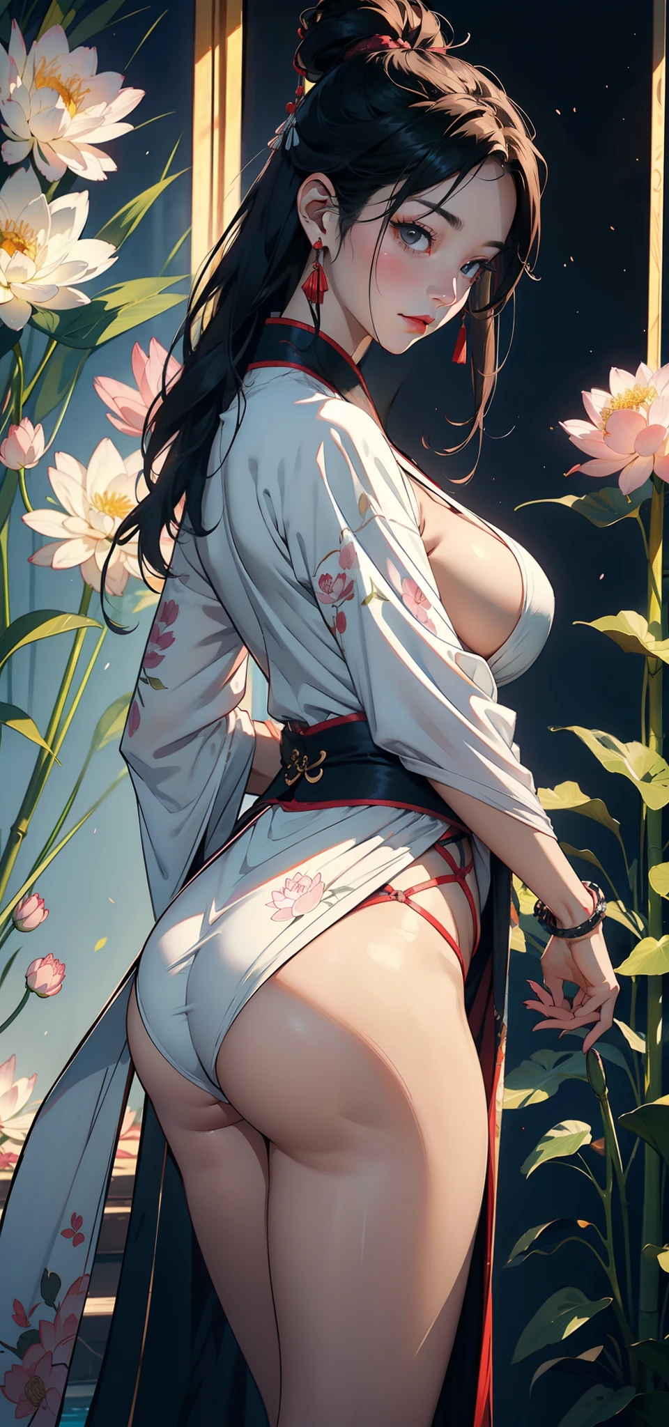 chinese paintings,Gongbi drawing style,ink,legends,Purple background,deep Purple,Dark tones,Pink big breasts,lotuses,foreground,lotus flower,Green bamboo vista,(snow landscape),((Ancient Chinese red Hanfu beauty standing in a sea of flowers smiling)),Melon seed face,Willow eyebrows,Cherry small mouth,(Black eyes),Gentle atmosphere,closeup cleavage,Perfect facial features,(The hair is meticulously depicted),(The face is carefully depicted),Works of masters,(The flowers are carefully depicted),super-fine,high qulity,A high resolution,The composition is perfect,((tmasterpiece))Bigchest,Big breasts Thin waist,long leges,Buttock augmentation,Raised sexy,Bare ,Bare breasts,China Princess(Wearing:white hanfu)
