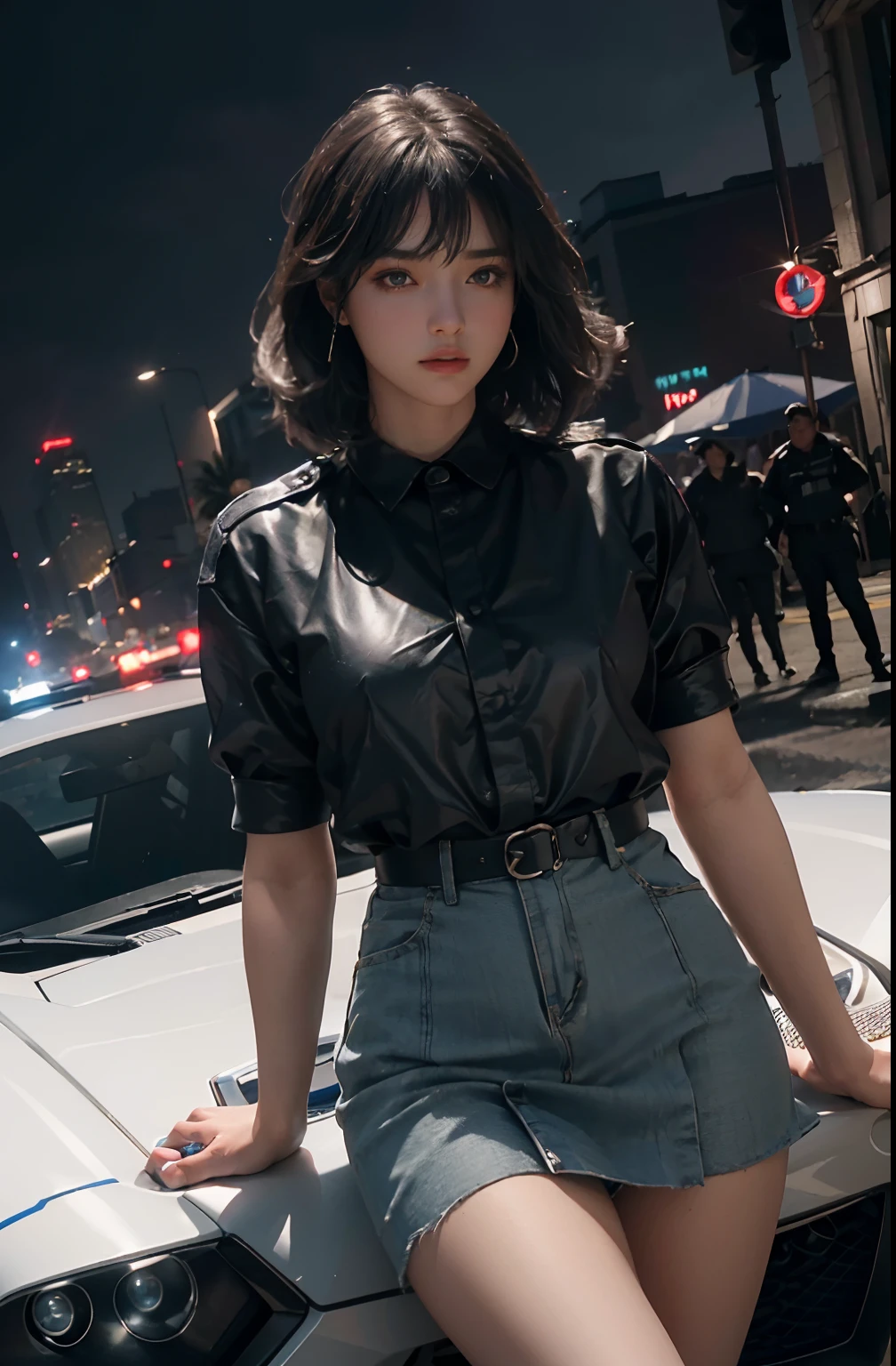 Female police officer、cute、young woman、1、Short Bob、Miniskirt Police、Sexy legs(best quality,4K,8k,highres,masterpiece:1.2),ultra-detailed,(realistic,photorealistic,photo-realistic:1.37),HDR,uhd,studio lighting,ultra-fine painting,sharp focus,physically-based rendering,extreme detail description,professional,vivid colors,bokeh,cinematic lighting,dramatic shadow、High resolution, High-resolution model, Retina, Textured skin, Ultra high definition,