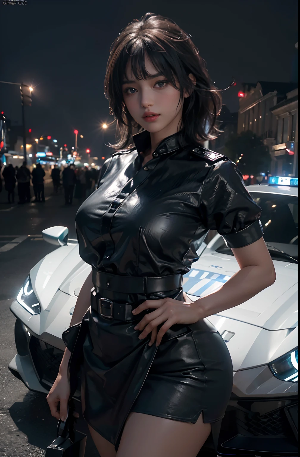 (RAW photo, 4k, masterpiece, high resolution, extremely complex) (realistic: 1.3), cinematic lighting Delicate girl with facial features, oversized, sexy body, protruding and upturned
1 female policeman blue police uniform uniform black wrapped short skirt, handsome action with batons, night scene, movie shot, white skin, panoramic police lamborghini car next to it