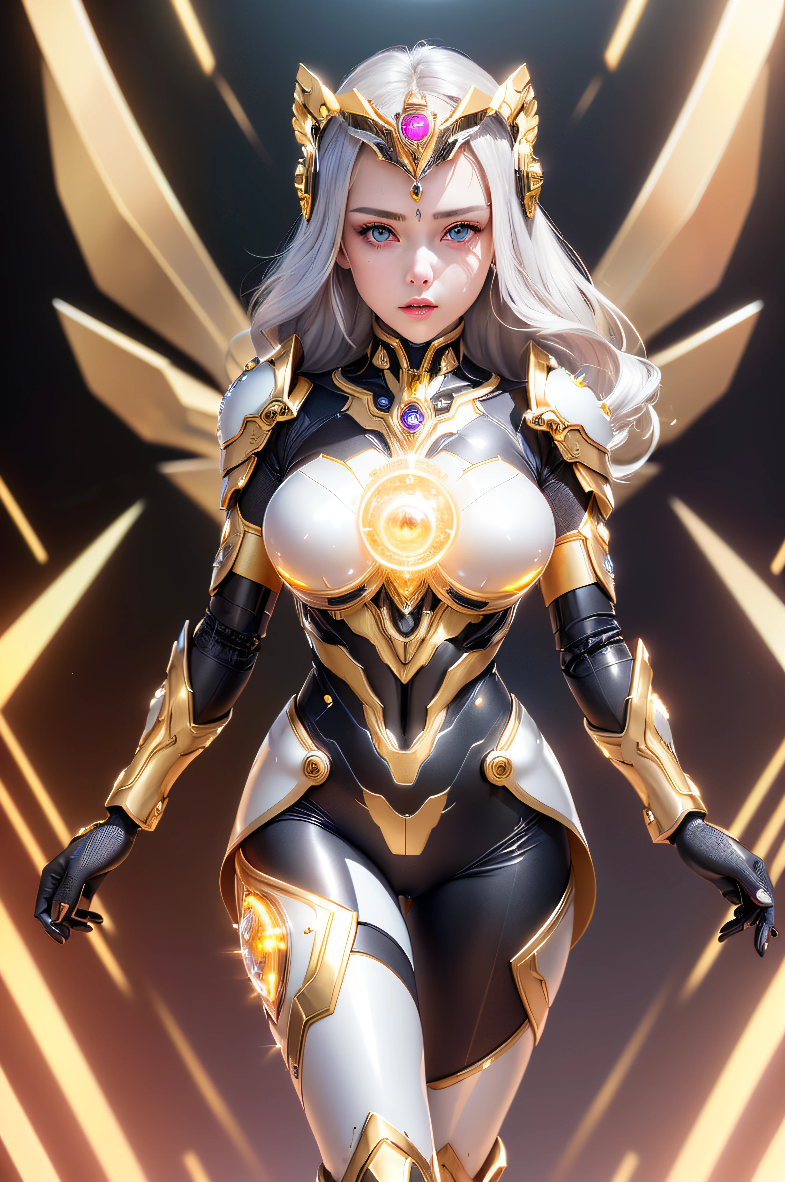 Realistic beautiful girl photo, full body photo, symmetrical cybernetic powered suit, large crystal eyes in the center of the chest, gold and silver decoration on the pearl body, shoulder protector, pearl rider helmet,