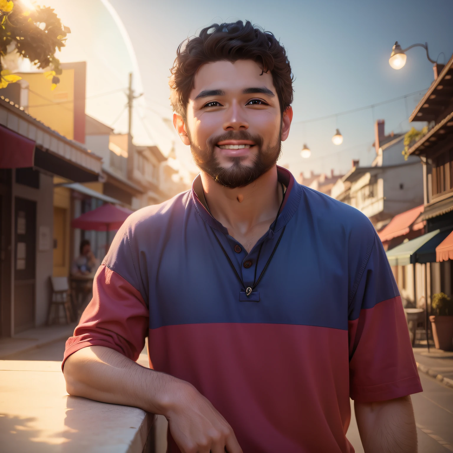 "smiling person in a vibrant, joyful and lively setting"