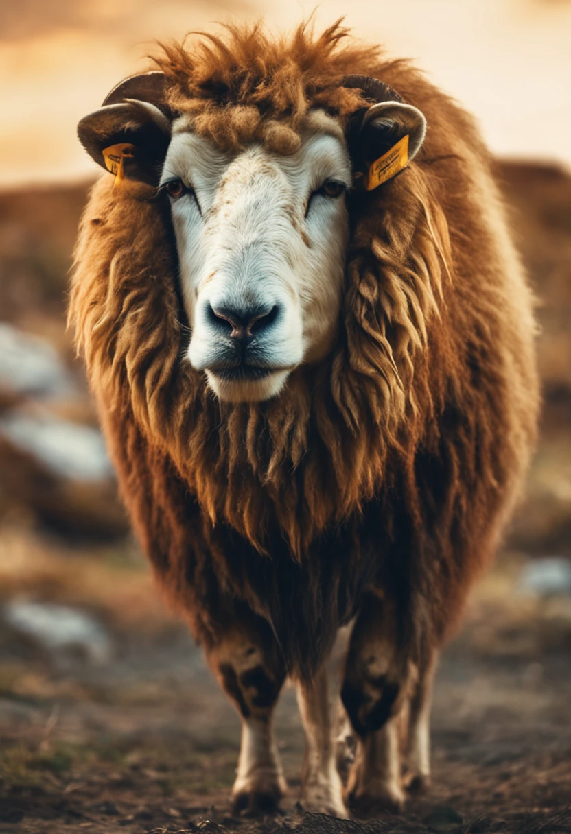 Front portrait with half the face of a sheep and half the face of a lion