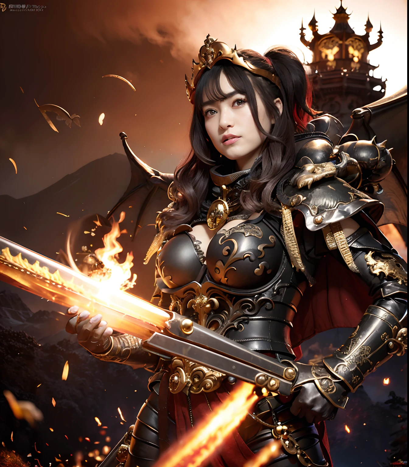 Professional , masterpiece、top-quality、photos realistic , depth of fields (Gemstone Black Metal Body:1.9),(Enamel Black、(cleavage of the breast)、Dragon Gold Weapon(Dragon Metal Body:1.4),Gorgeous gold weapons ,(( Dragon's dense and gorgeous sword)) , Beautiful knife ,warhammer 40k , adepta sororitas,Detail and gorgeous crown、((Brown hair))、(Castle background)、The dragon、((Gangle's forest background))、Beautiful Caucasian beauty、(1a person)、dynamic ungle,(((Detailed and ornate Black Devil Crown)))、Smaller head、A smile、Castle background、Thin and beautiful female hands、cleavage of the breast、Soldier in iron armor on background、Mystical expression、Light Effects、Wind-effect、magic circles、With the legendary magic wand、(demonic wings)、Toostock、