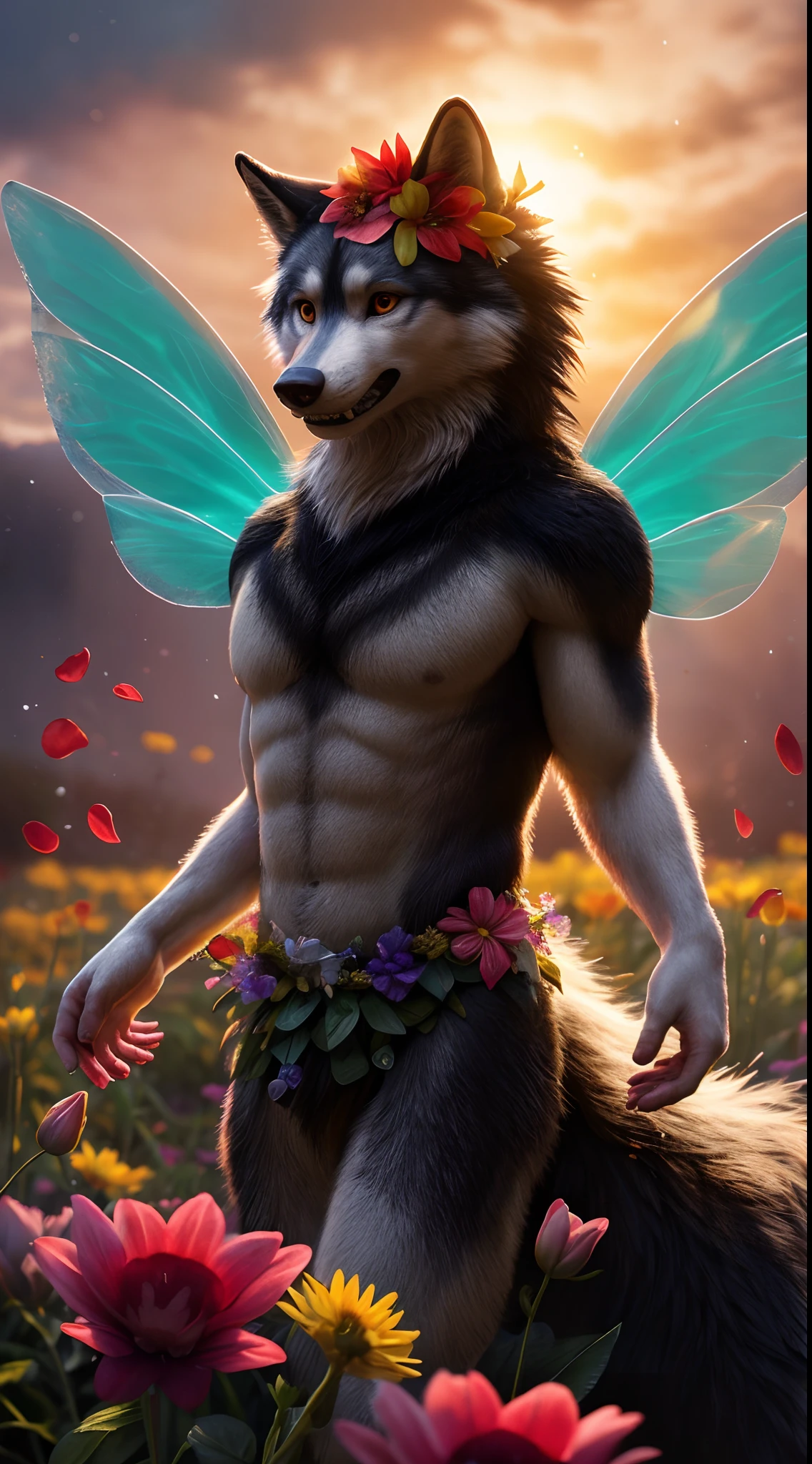 "Death Wolf as a whimsical flower fairy"his pupils are dark and red,  his teeth are full of  flower petals, flower hair accessories,  half-length body shot, floating, flying,  fairy wings, flower fairy, 4D ULTRA HD 8K, hyper-realistic cgi, photorealistic, high detail, realistic:1.5, masterpiece, absurdres, best quality, HDR, high quality, high-definition, extremely detailed, 8k wallpaper, intricate details, 8K uhd, Full-HD, (realistic photo:1.9), harsh lighting, cinematic lighting, natural lighting, hard light, teal lighting, global illumination, ambient occlusion, depth of field, Field of View, lens flare, stunning environment, complex flower field background, complex and intricate subject, morning dew, water on lense effect