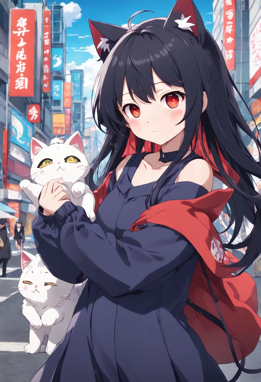 Anime girl talking on phone with black hair and red eyes, cute anime catgirl, anime visual of a cute cat, anime catgirl, nagatoro, anime visual of a cute girl, anime cat, still from tv anime, In the anime, 2 0 1 9 anime screenshot, Today's featured anime stills, Very beautiful anime cat girl