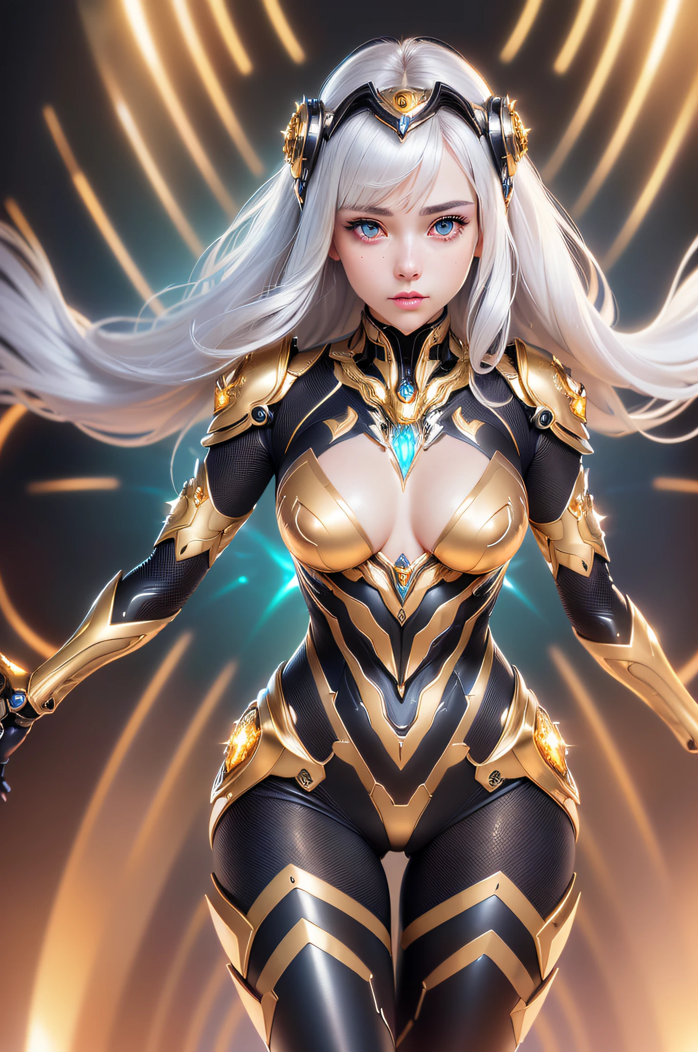 Realistic beautiful girl photo, full body photo, symmetrical cybernetic powered suit, large crystal eyes in the center of the chest, gold and silver decoration on the pearl body, shoulder protector, pearl rider helmet,