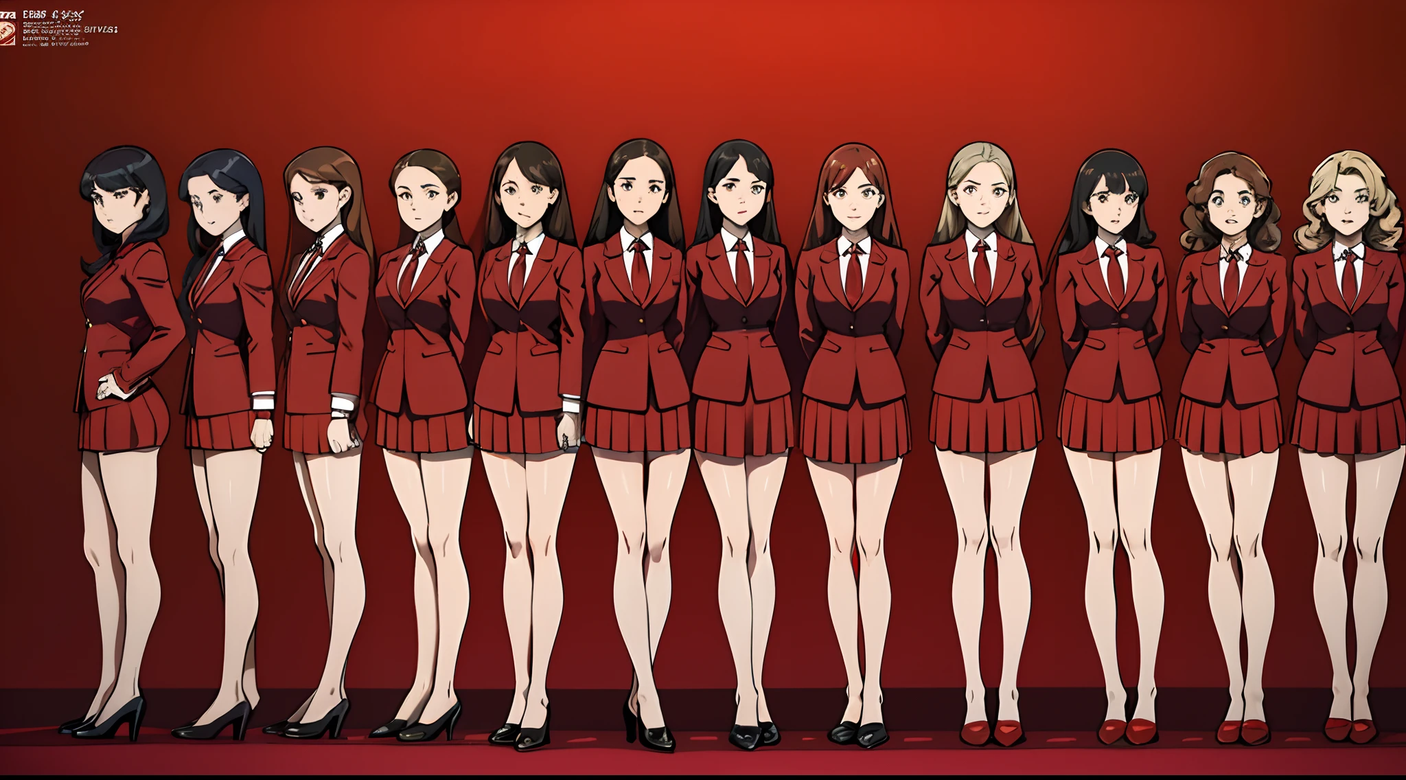 (comic panel), (masterpiece, high quality, best quality), brown hair, curly hair, hazel eyes, red sexy skirt suits, red blazers, red pencil skirts, bare legs, black high heels, (thousands of, millions of, crowd of), identical girls, crowd shot, identical sisters, clones, (matching hairstyles, matching outfits, matching faces), (crowded, filled with clones), in straight lines, in perfect formation, same pose, straight arms, arms on sides, factory, (full body)