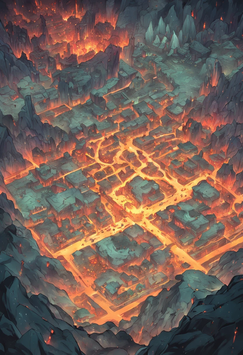 Maze, tunnel, mine, Lava River, crystals, Ruins, Game map design, Cartographic map, Descending Map, 2D, cartographic, Game Map, Map layout, surreal, Detailed, gloomy colors, Mystical Illumination