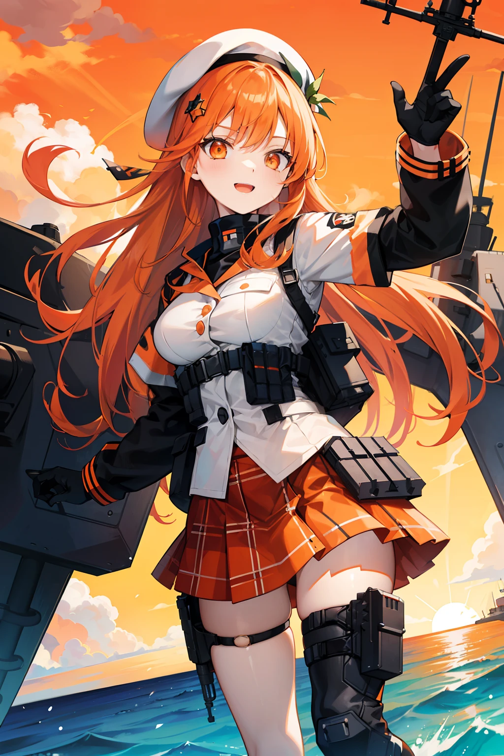 (asymmetry) long Orange hair, cheerful expression, orange eyes, white beret, white blouse, black plaid skirt, tactical vest, tactical gear on one thigh, standing on a battleship in the ocean with an orange sky