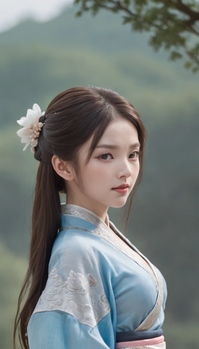 1 beautiful and cute reality show girl, Gentle young girl, Waist length hair, cabelos preto e longos,Slightly blue, Light blue eyes, wearing a long, Thin, a blue dress,Hanfu style, ((a blue dress,White lace border covers the girl's:0.8)), Style Hanfu, Wearing an ancient Chinese silk shirt, Pink and smooth white skin, Dressed in low-key antiques, Oday, appears shoulders and head in the photo,Cute little face, Eye bags under wet makeup, Plump red lips, Pout, ((Closed mouth:1.0)), Balance incisors, Embarrassed, Small face makeup explained,Tremendously beautiful, Breasts are super round and firm, Breasts are plump,A plump chest, Blum chest cabinet, ((Cover the girl's chest with a camisole inside:1.2)), Blush, From the front side, Wear earrings, choker necklace, From above, view the viewer, Upturned eyes, Masterpiece, Top quality, Best quality, offcial art, Unity 8k wallpaper, A high resolution, Ultra-high RES, Ultra-detailed, (Photorealistic:1.2), Alone, Solo, only 1girl, Style Hanfu Dunhuang, 10x pixel, Super realistic, Ultra high quality, Full body view of girl, Seven-doppelganger shot,