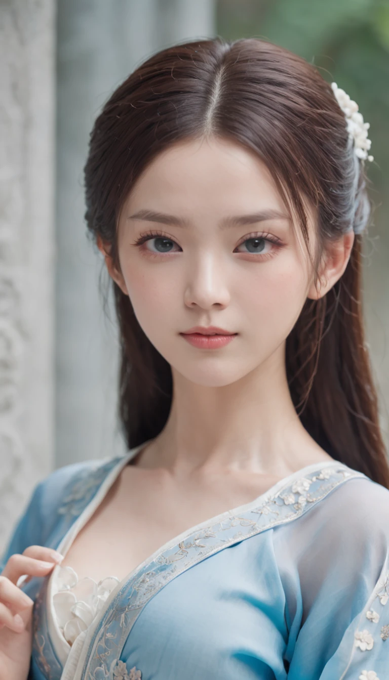 1 beautiful and cute reality show girl, Gentle young girl, Waist length hair, cabelos preto e longos，Slightly blue, Light blue eyes, wearing a long, Thin, a blue dress，Hanfu style, ((a blue dress，White lace border covers the girl's:0.8)), Style Hanfu, Wearing an ancient Chinese silk shirt, Pink and smooth white skin, Dressed in low-key antiques, Oday, appears shoulders and head in the photo,Cute little face, Eye bags under wet makeup, Plump red lips, Pout, ((Closed mouth:1.0)), Balance incisors, Embarrassed, Small face makeup explained，Tremendously beautiful, Breasts are super round and firm, Breasts are plump，A plump chest， Blum chest cabinet, ((Cover the girl's chest with a camisole inside:1.2)), Blush, From the front side, Wear earrings, choker necklace, From above, view the viewer, Upturned eyes,  Masterpiece, Top quality, Best quality, offcial art, Unity 8k wallpaper, A high resolution, Ultra-high RES, Ultra-detailed, (Photorealistic:1.2), Alone, Solo, only 1girl, Style Hanfu Dunhuang, 10x pixel, Super realistic, Ultra high quality, Full body view of girl,  Seven-doppelganger shot,