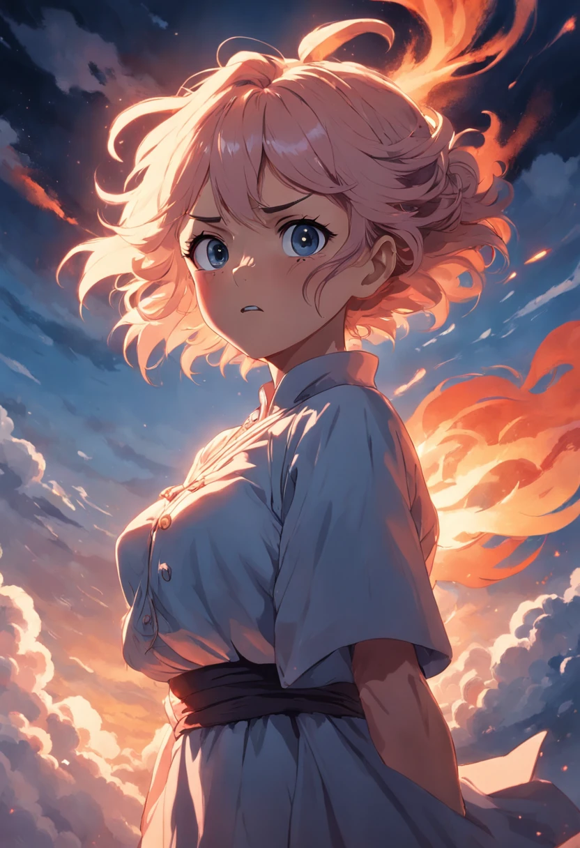 masterpiece, best quality, movie still, 1 30-year-old woman, cloud woman, angry facial expression, should cleavage, raised arm, floating in the sky, close-up, bright, warm soft lighting, sunset, (sparks:0.7)