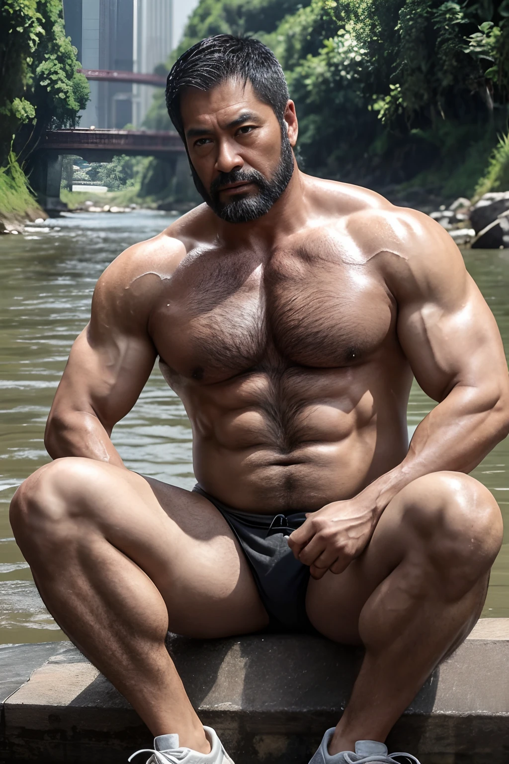 Cantonese uncle, A Chinese man of about 45 years old, Rough and handsome looks，Ultra-dense body hair，barechested, Big waist round, Chest hair，Abdominal hair，Sit by the river and wash your feet, vred, scowling, Masterpieces of the best quality, Get wet，sweat leggs，（musculous:1.5），（fatness:2），（Gray hair:1.5），（Gray body hair:1.5），（Skin Wrinkles:1.5），（gloss on the skin:0.5），