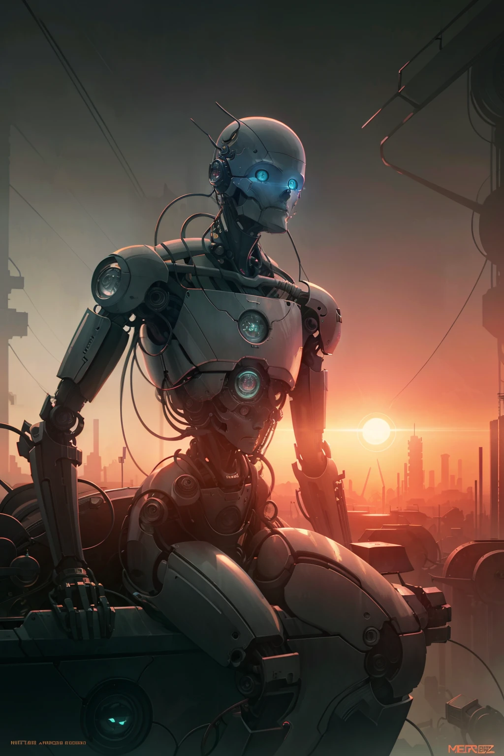 A robot sitting watching the sun set over a dead city, its body is made with parts from old machines,methurlant intricate surreal gritty atmospheric cinematic stylized contrast comic eerie cybernetic futuristic by moebius, masterpiece, best quality, intricate, highly detailed:1.1, drawing, Jean Giraud