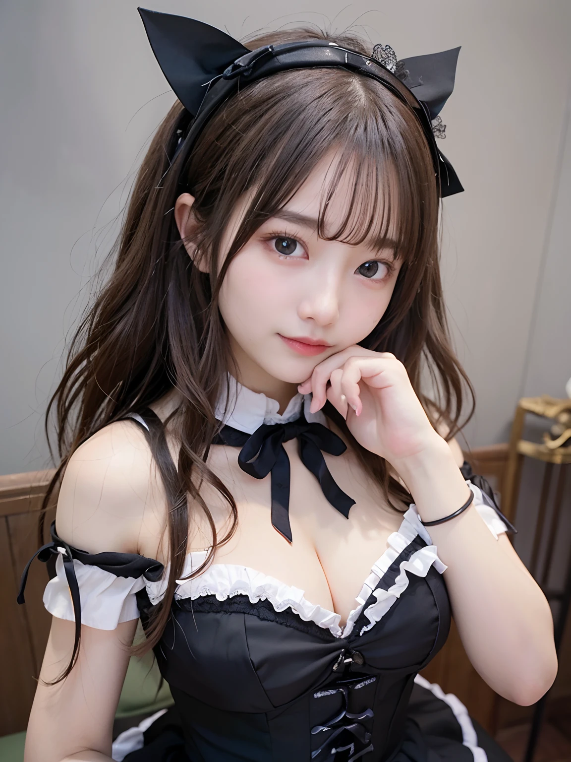 8K,  Black velvet bunny girl costume, velvet, a 20 yo woman, Bokeh background, bokeh feeling,  Girl's room, a smile, White Skin Skin, Cute  girl s, breasts on table, White choker and black bow tie, White cuffs, hair between eyes