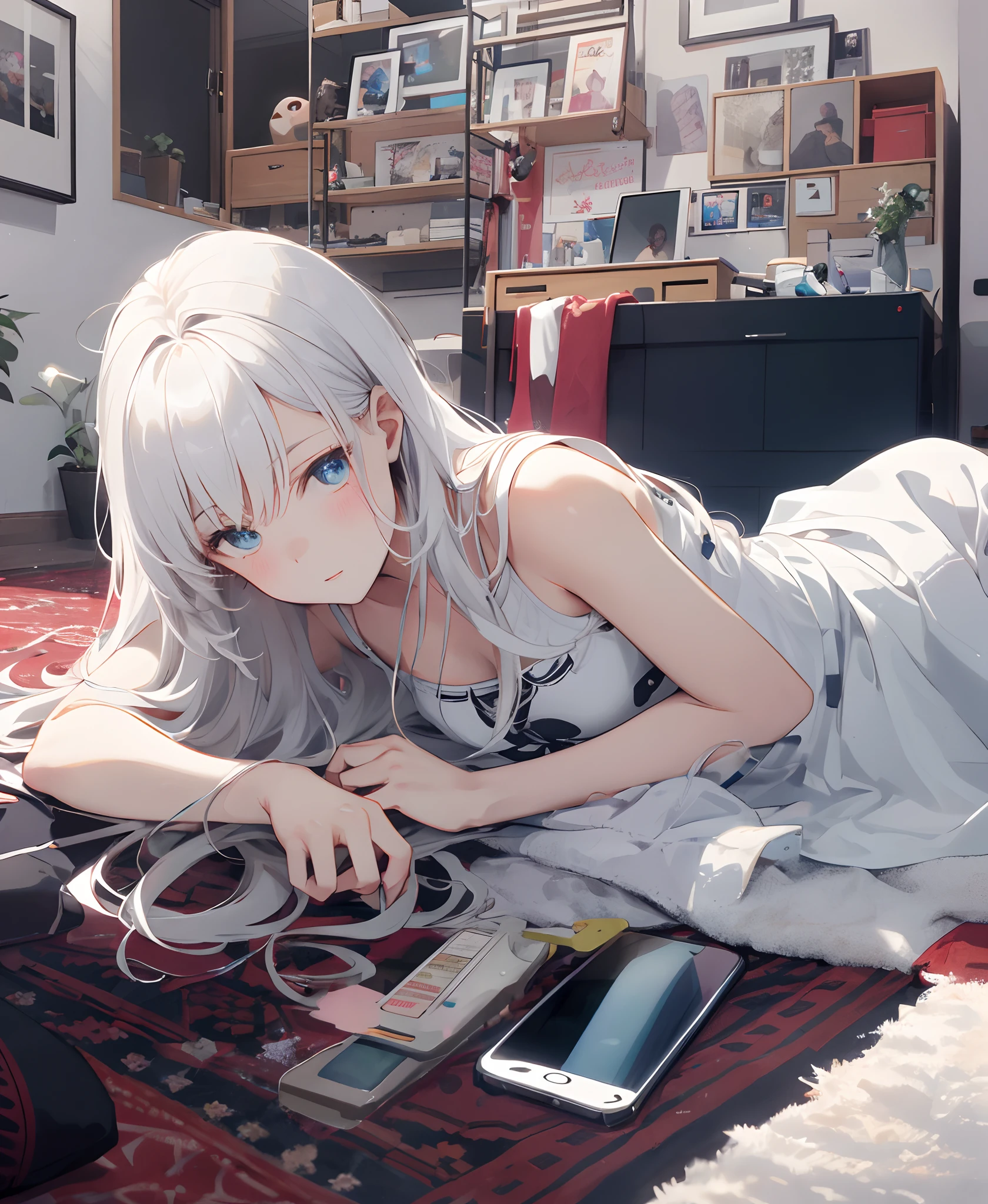 ((masterpiece))),(((best quality))),(((extremely detailed))),illustration, 1girl,solo,mysterious,vivid color,shiny, (white hair),(red eyes), full body,barefoot,ponytail hair, bedroom, badass, serious face, casual outfit, (((Box composition))), detailed eyes, hyper detailed, highly detailed, beautiful, small details, ultra detailed, best quality, intricate, 4k, 8k, good anatomy, best anatomy, beautiful lighting,