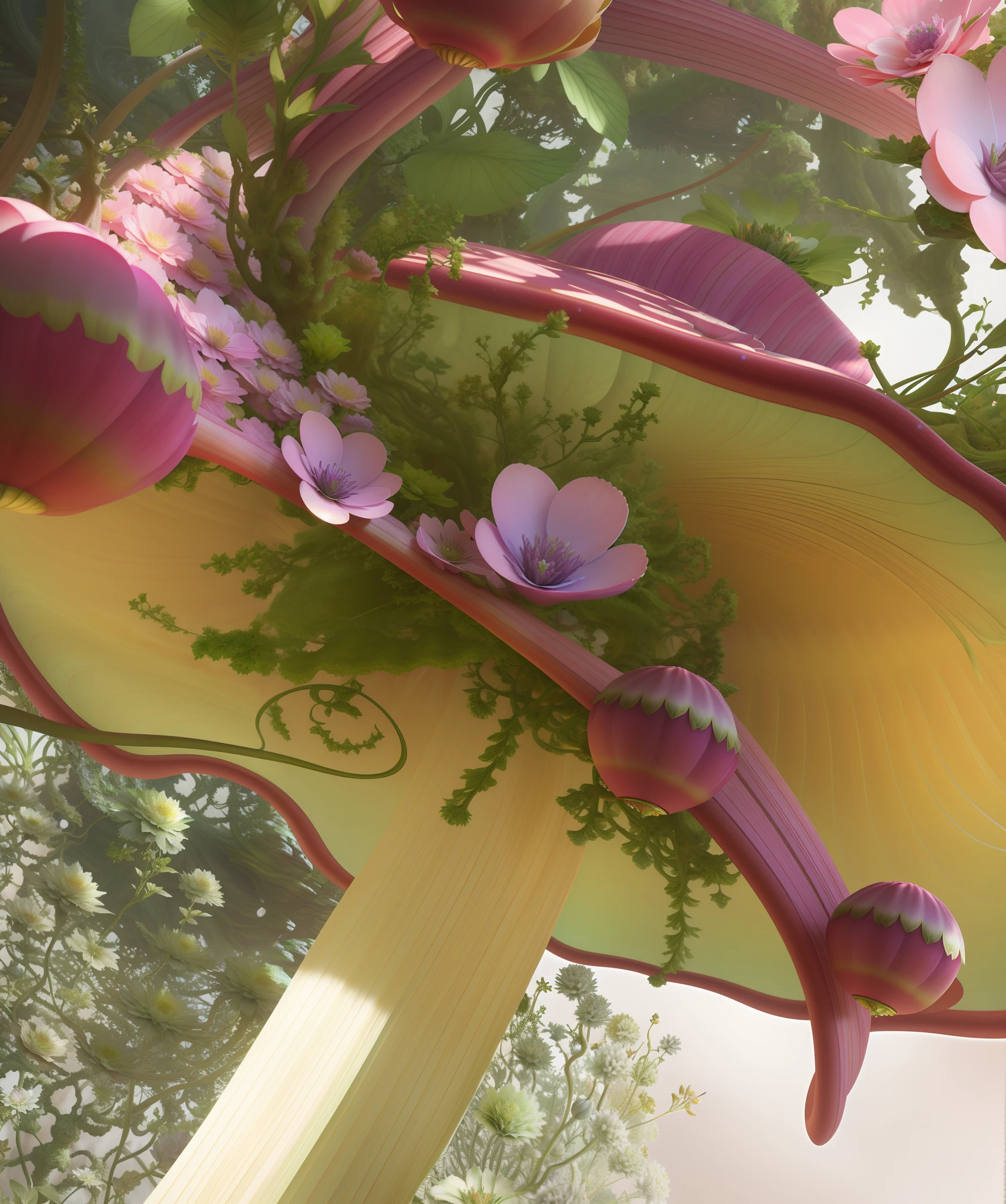 fantasy magical vegetation, fanciful floral mandelbulb, 3d magical details, beautiful render of a fairytale, mandelbulb flowers and trees, detail render, Realistic fantasy rendering, floral environment,  art nouveau octane render, Fujiman，CG，high definition detail