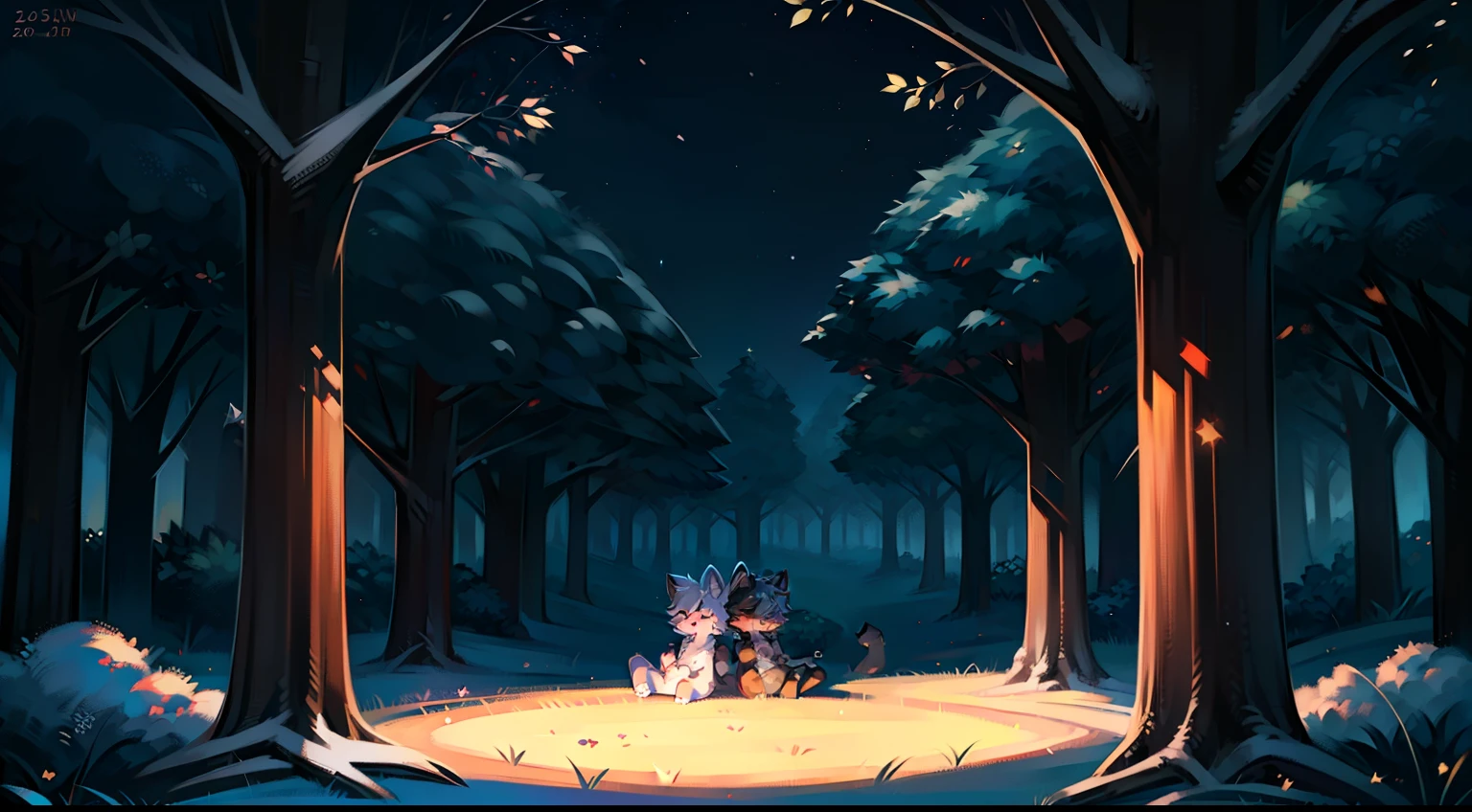 Furry mascot，Lovely image，A black cat，ember， Cute little animal fluffy，Furry Fur，Cute little animals，Fluffy tail，White hair，Sitting alone under a tree，leaning against the tree trunk，On the lawn of the park，Cubs，is in night，nigh sky, stars，Close-up of cute characters，eye closeds，sleepy，Stretch out，
